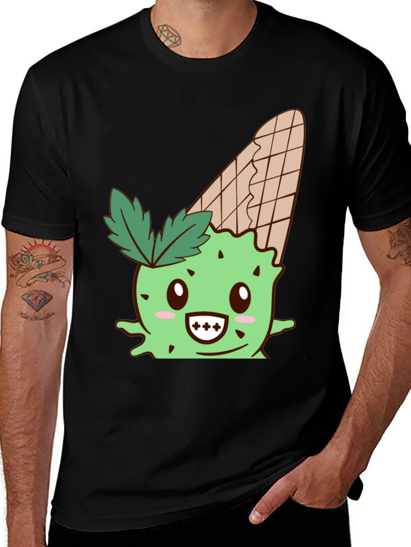 Cute Ice Cream Cactus Graphic Tee - Black