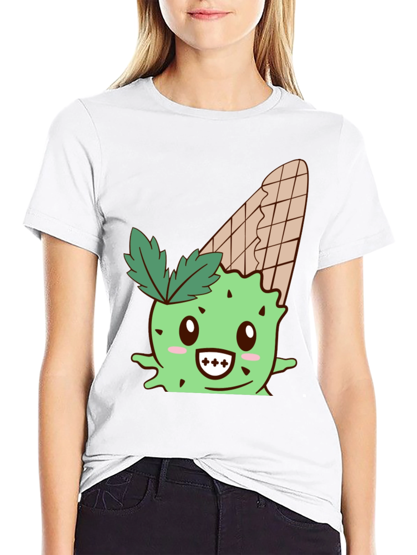 Cute Ice Cream Cactus Graphic Tee - Black