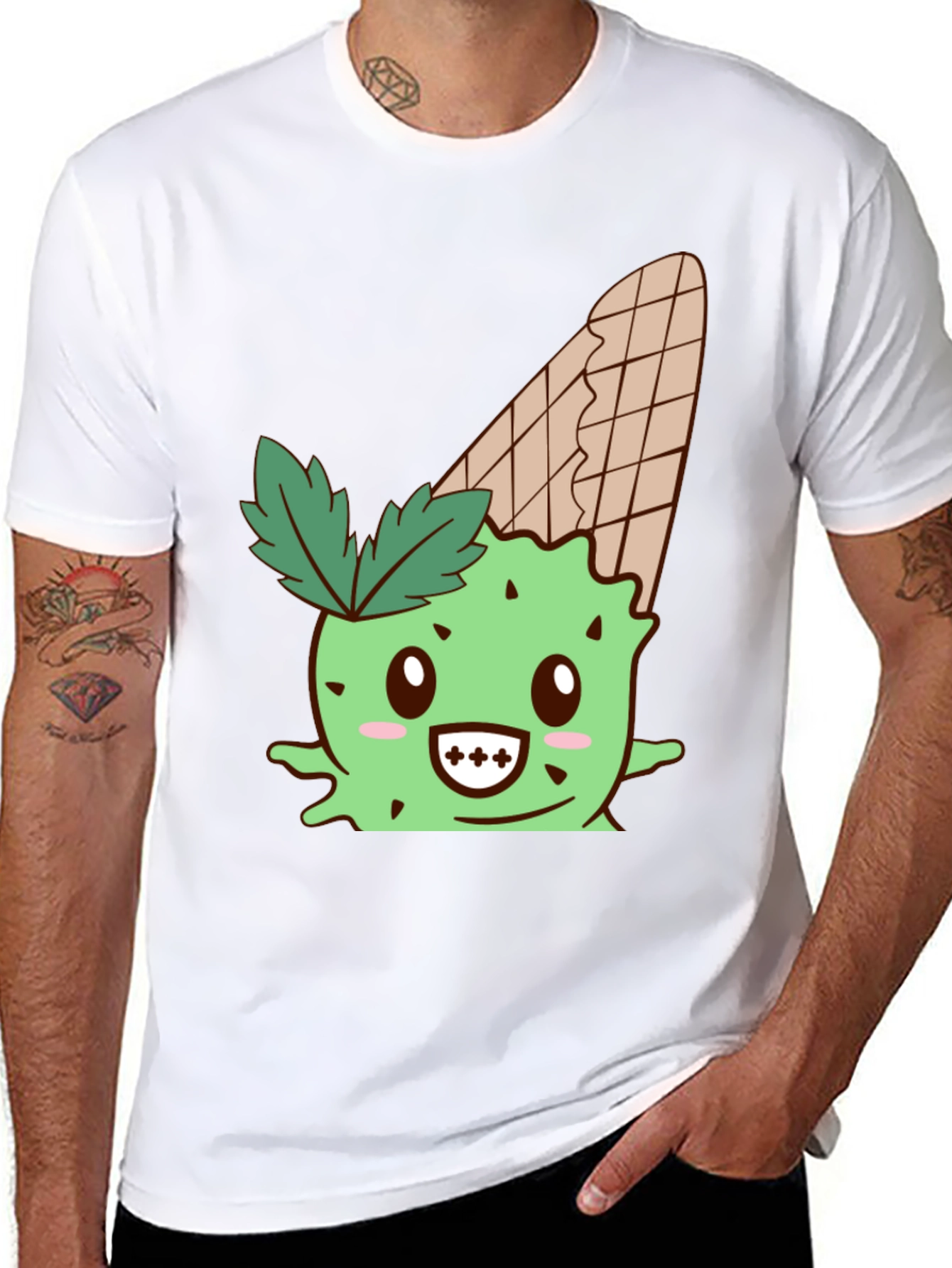 Cute Ice Cream Cactus Graphic Tee - Black