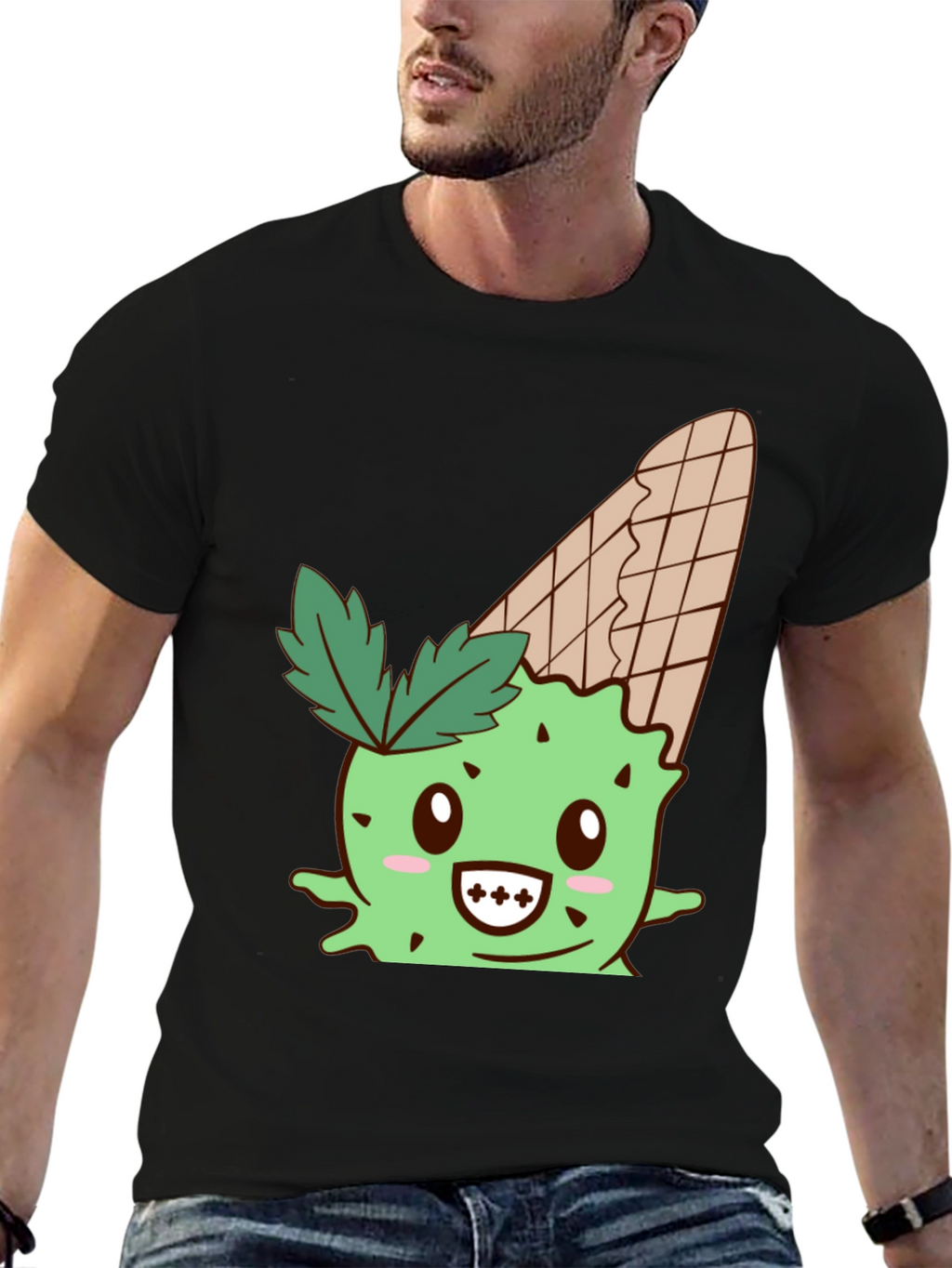 Cute Ice Cream Cactus Graphic Tee - Black