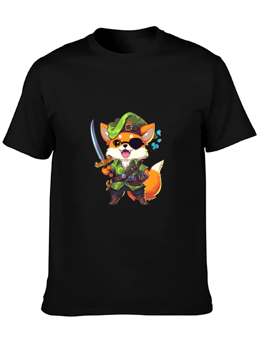Cartoon Fox Pirate Graphic Black T-Shirt