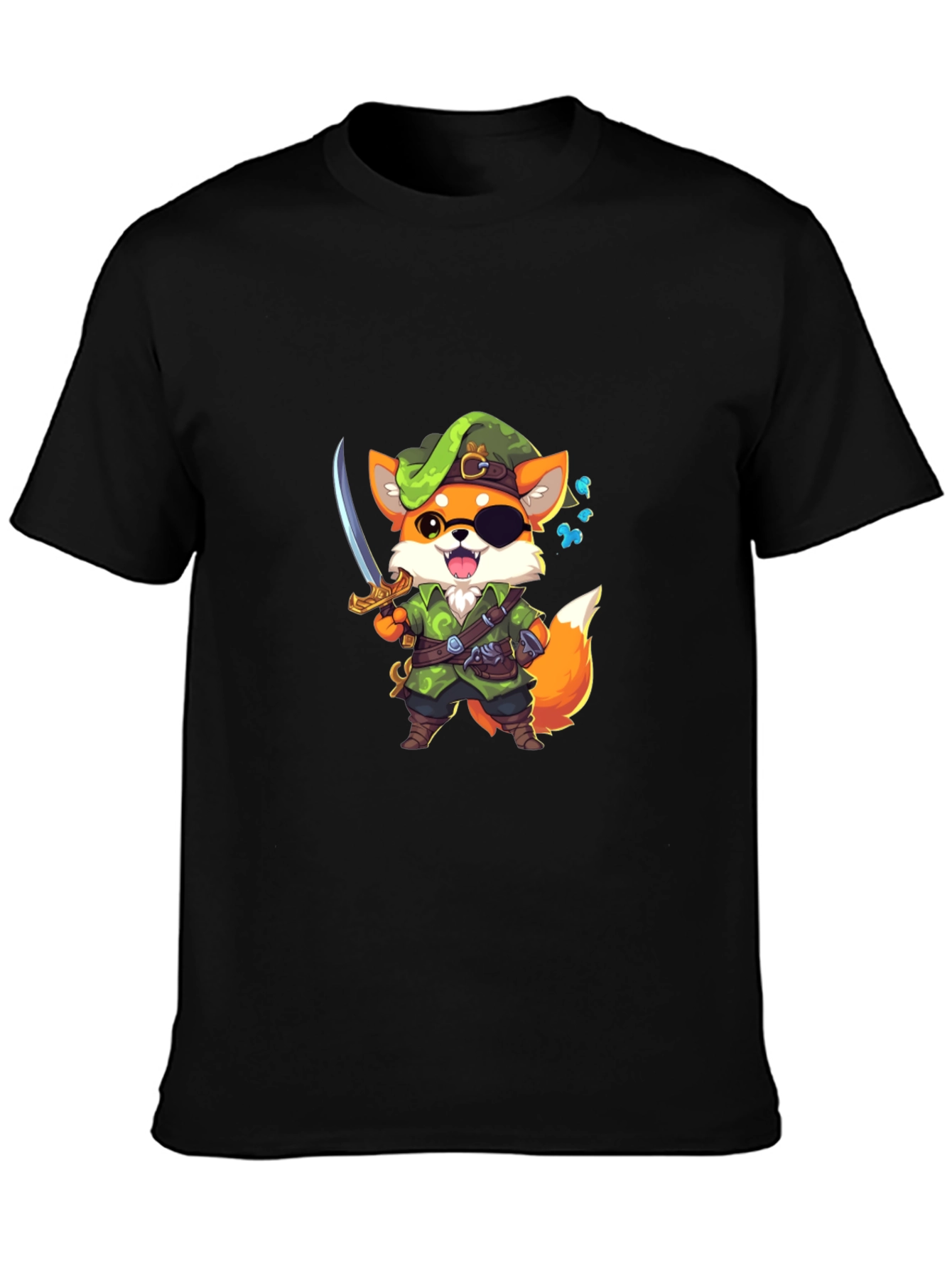 Cartoon Fox Pirate Graphic Black T-Shirt