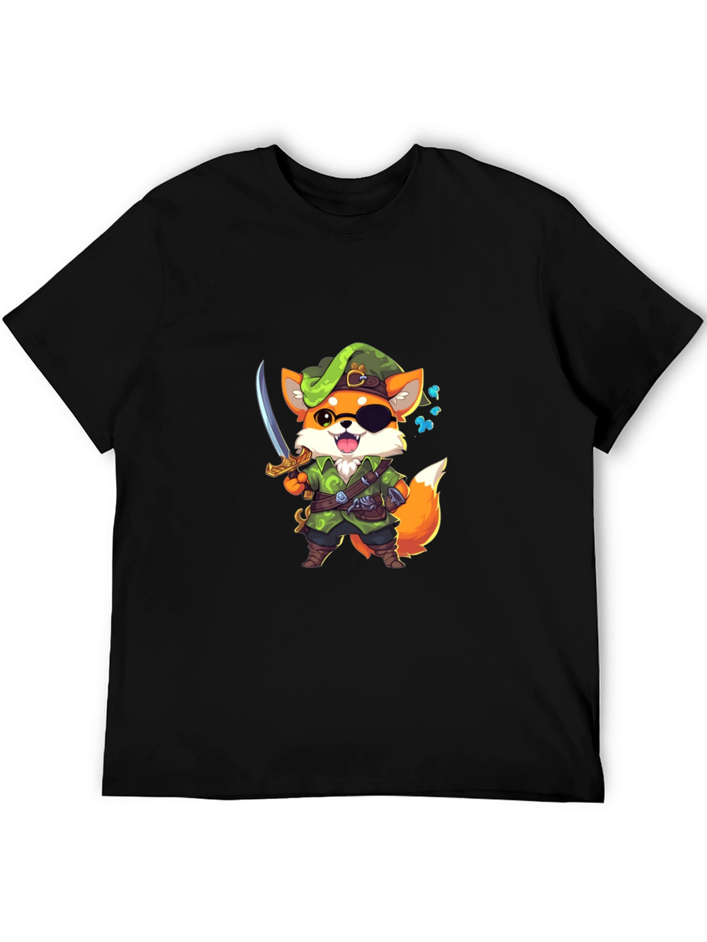 Cartoon Fox Pirate Graphic Black T-Shirt