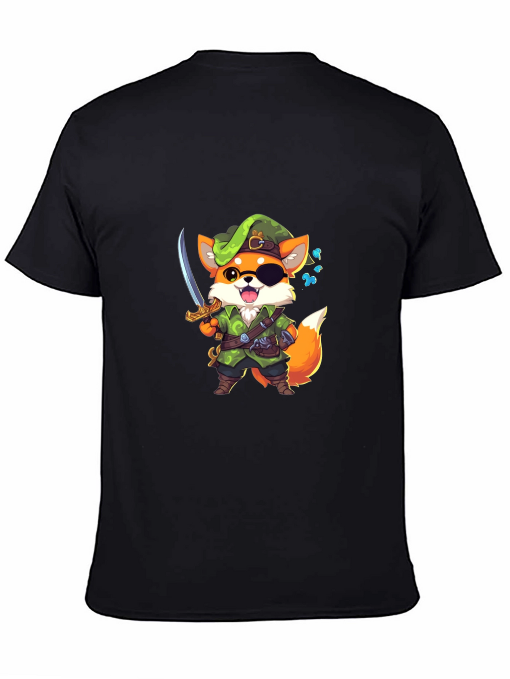 Cartoon Fox Pirate Graphic Black T-Shirt
