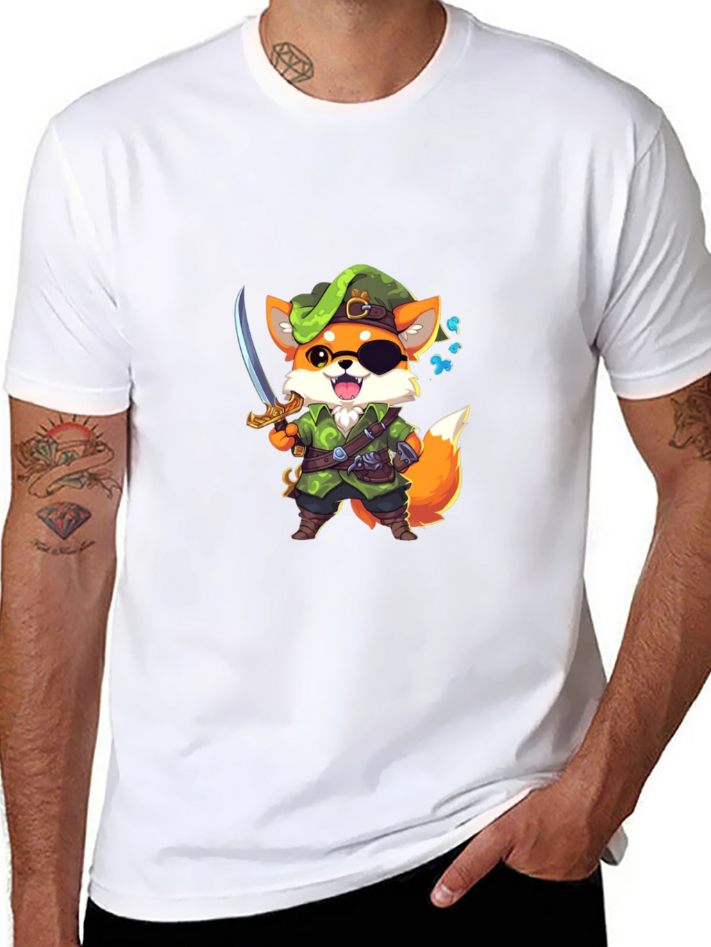 Cartoon Fox Pirate Graphic Black T-Shirt