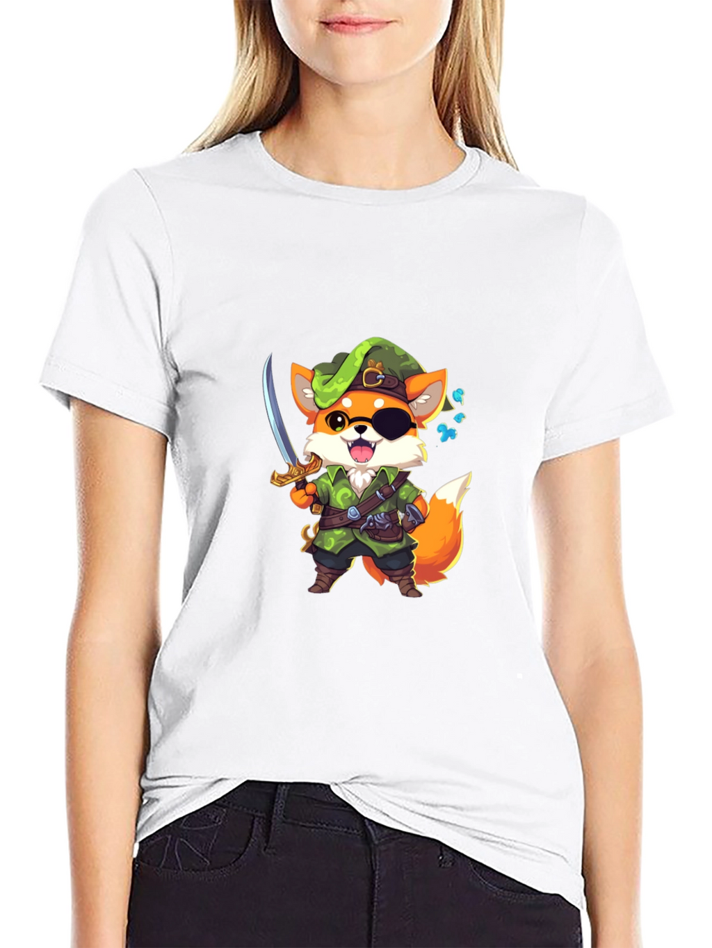 Cartoon Fox Pirate Graphic Black T-Shirt