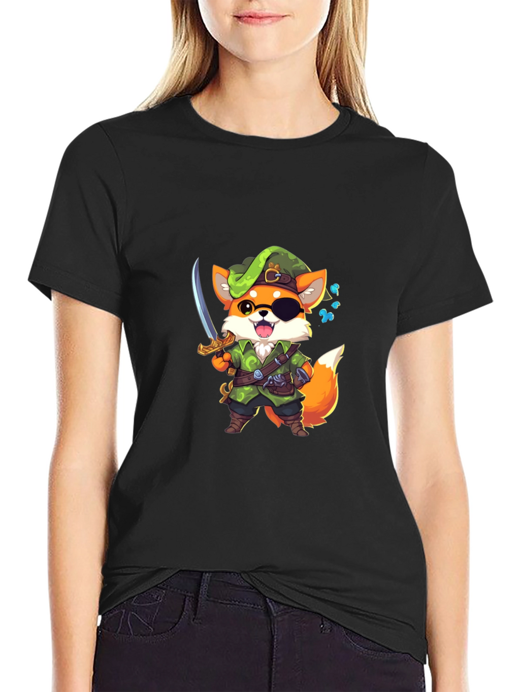 Cartoon Fox Pirate Graphic Black T-Shirt