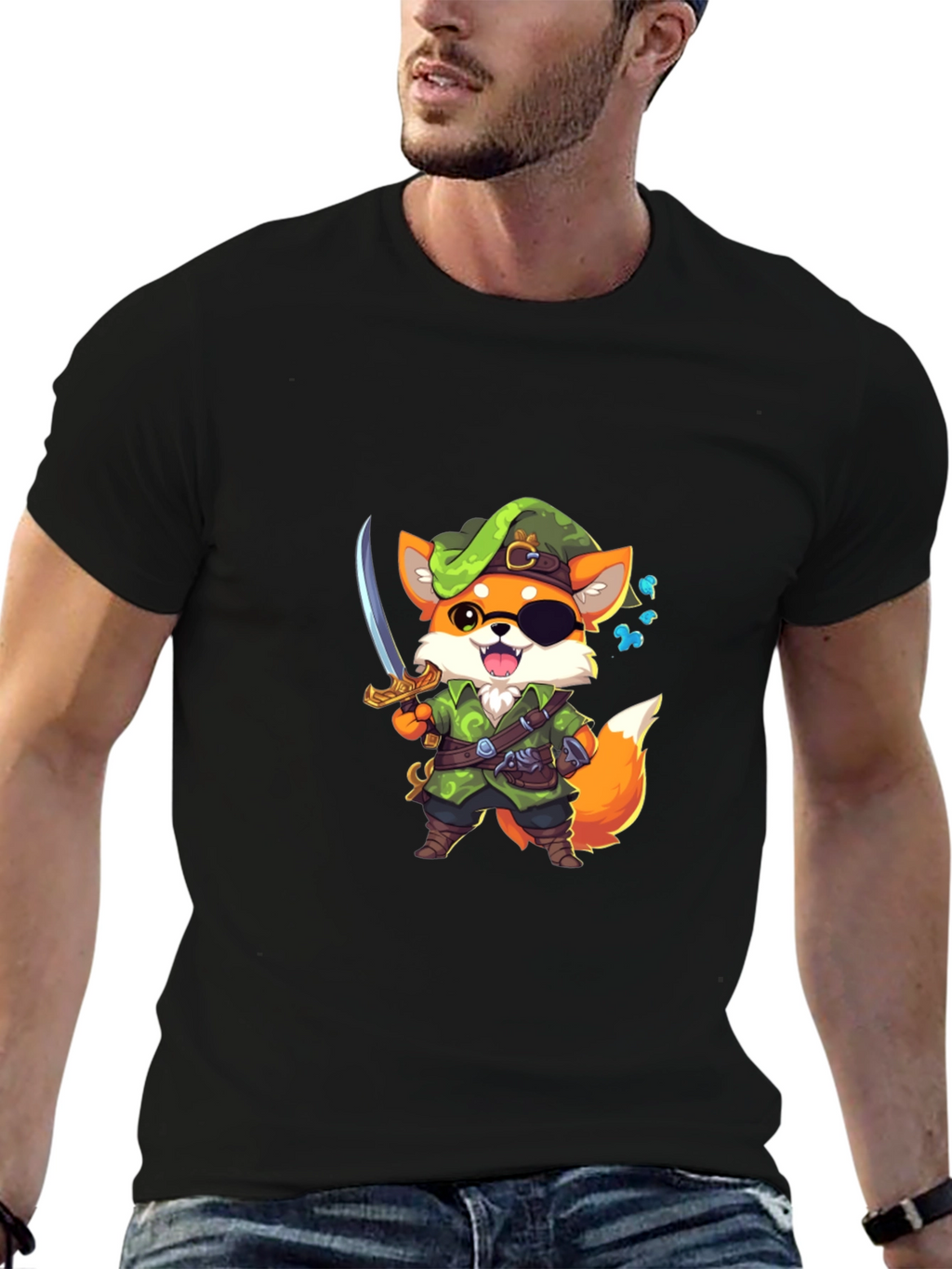 Cartoon Fox Pirate Graphic Black T-Shirt