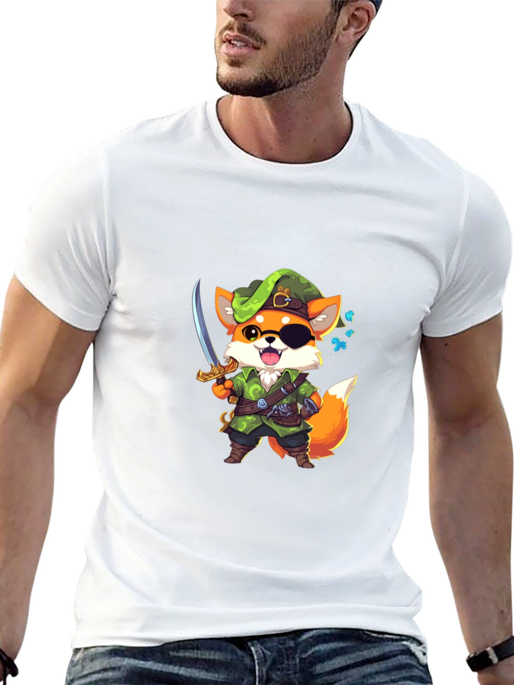 Cartoon Fox Pirate Graphic Black T-Shirt