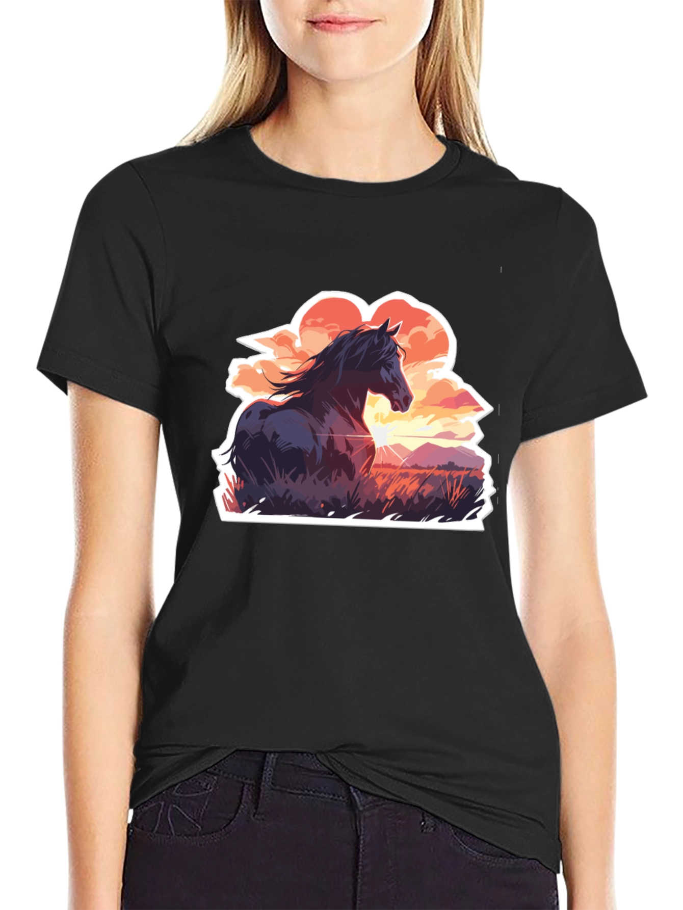 Horse Sunset Graphic Tee - Stylish Black Cotton T-Shirt