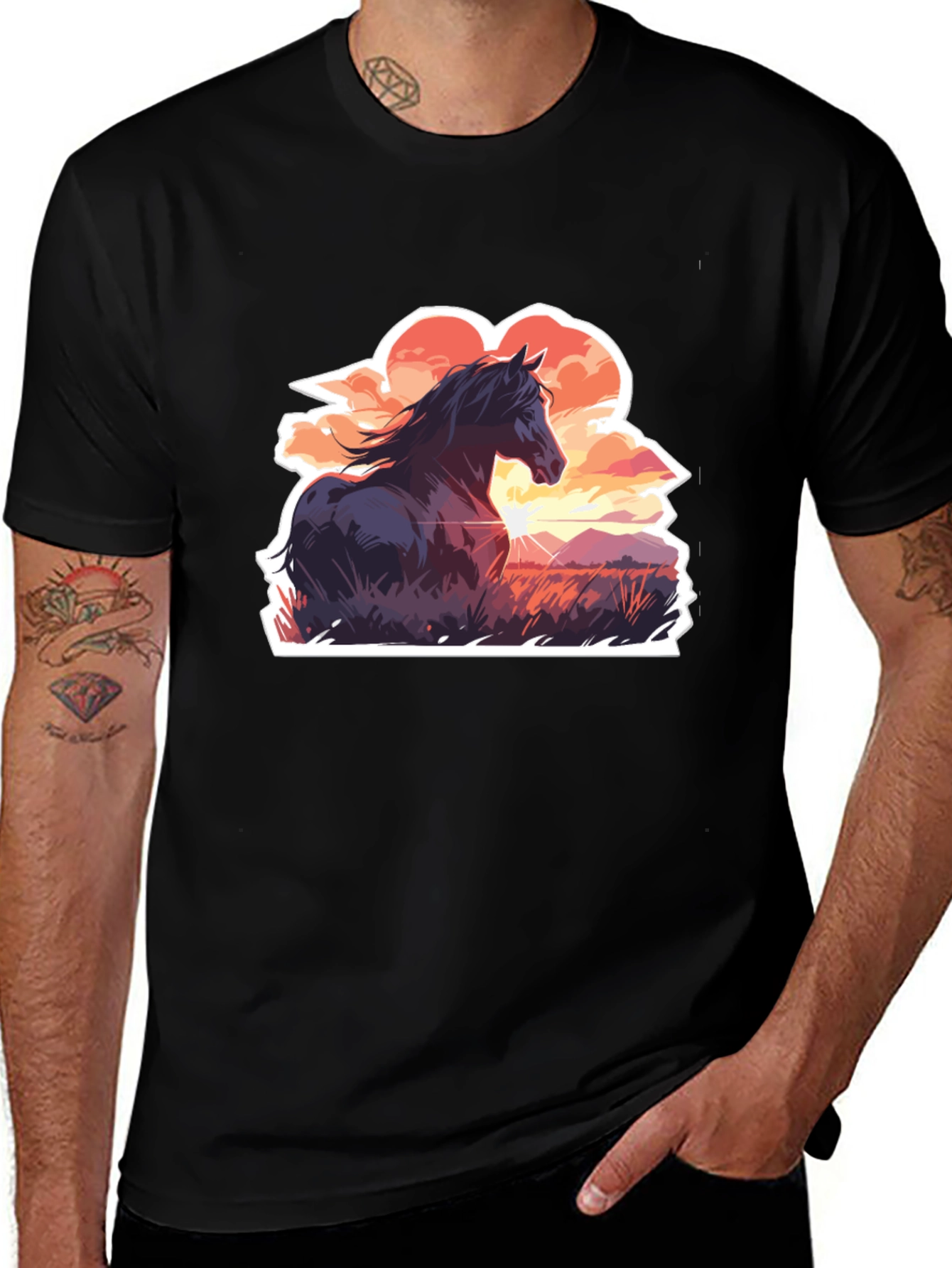 Horse Sunset Graphic Tee - Stylish Black Cotton T-Shirt