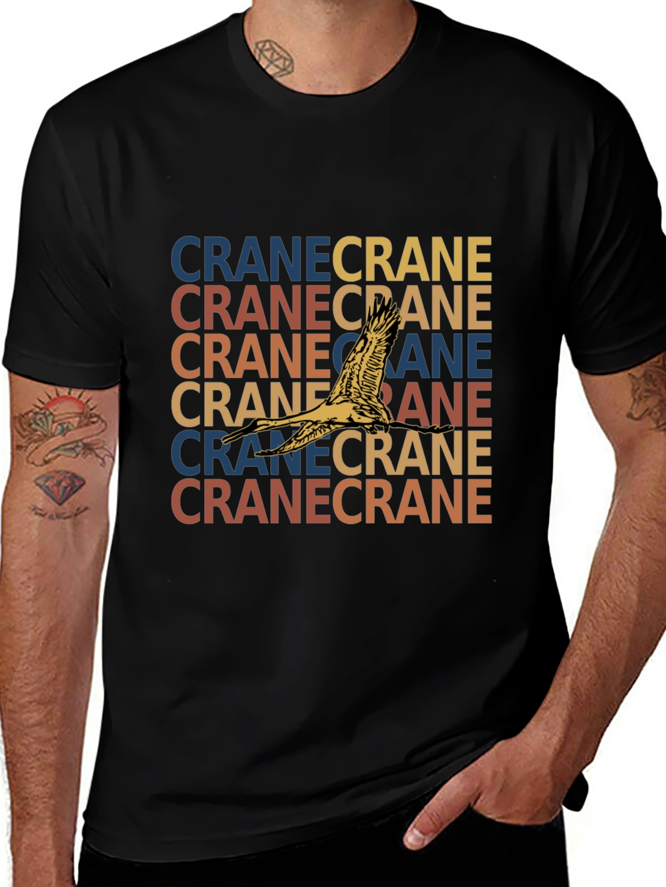 Crane Bird Graphic Print Black T-Shirt