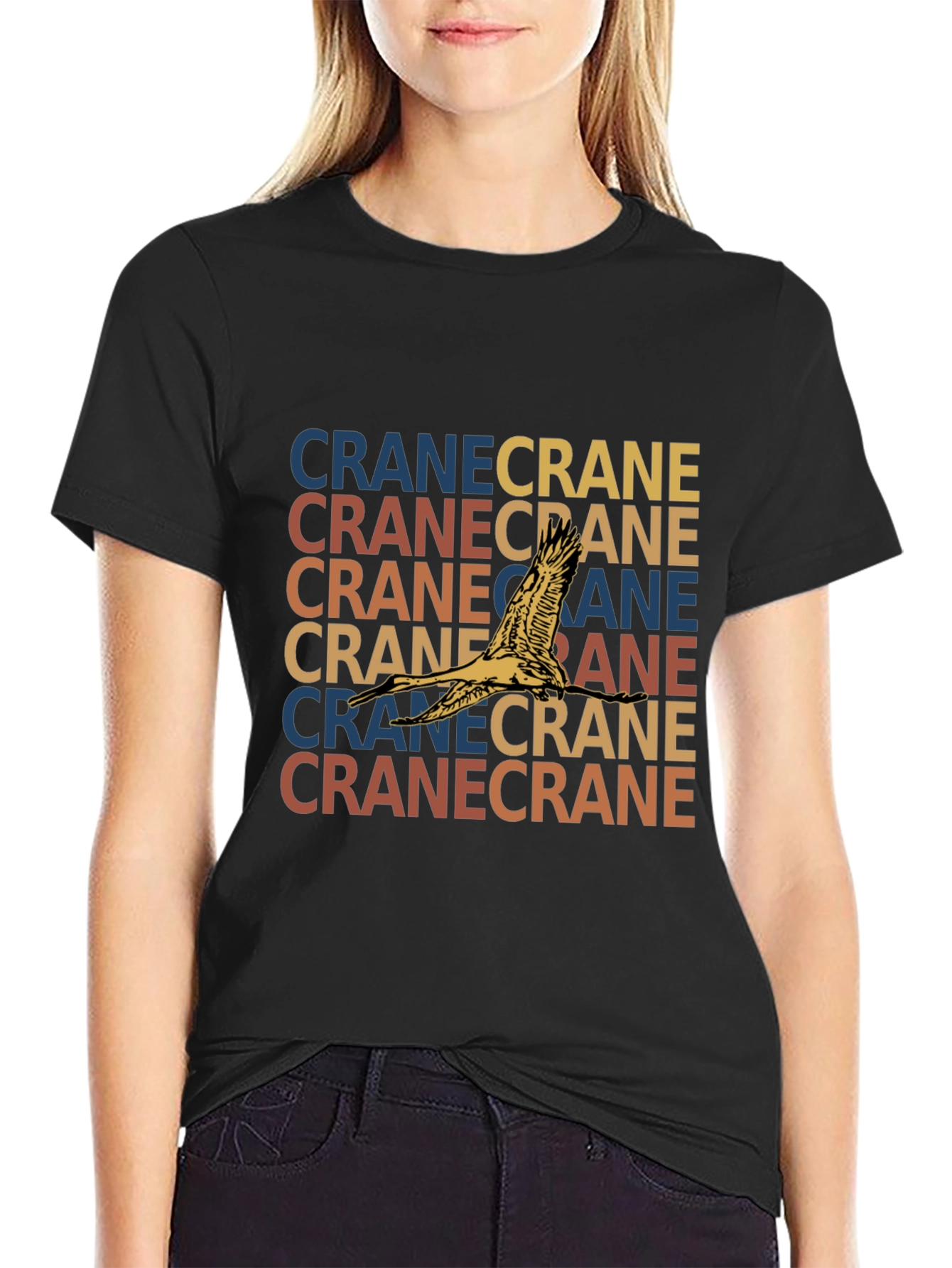 Crane Bird Graphic Print Black T-Shirt