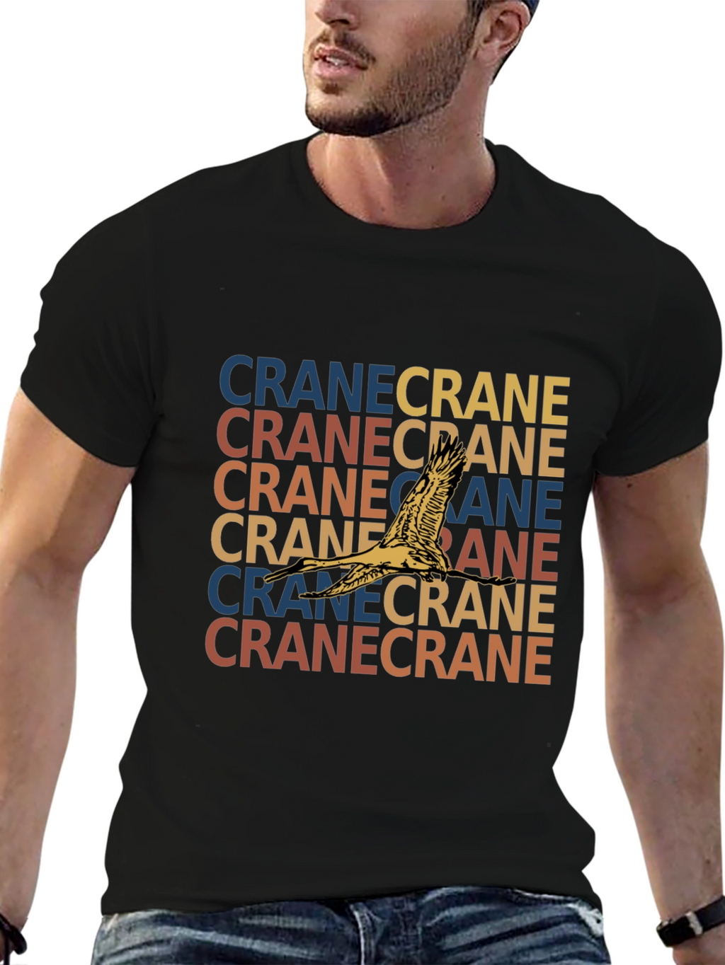 Crane Bird Graphic Print Black T-Shirt