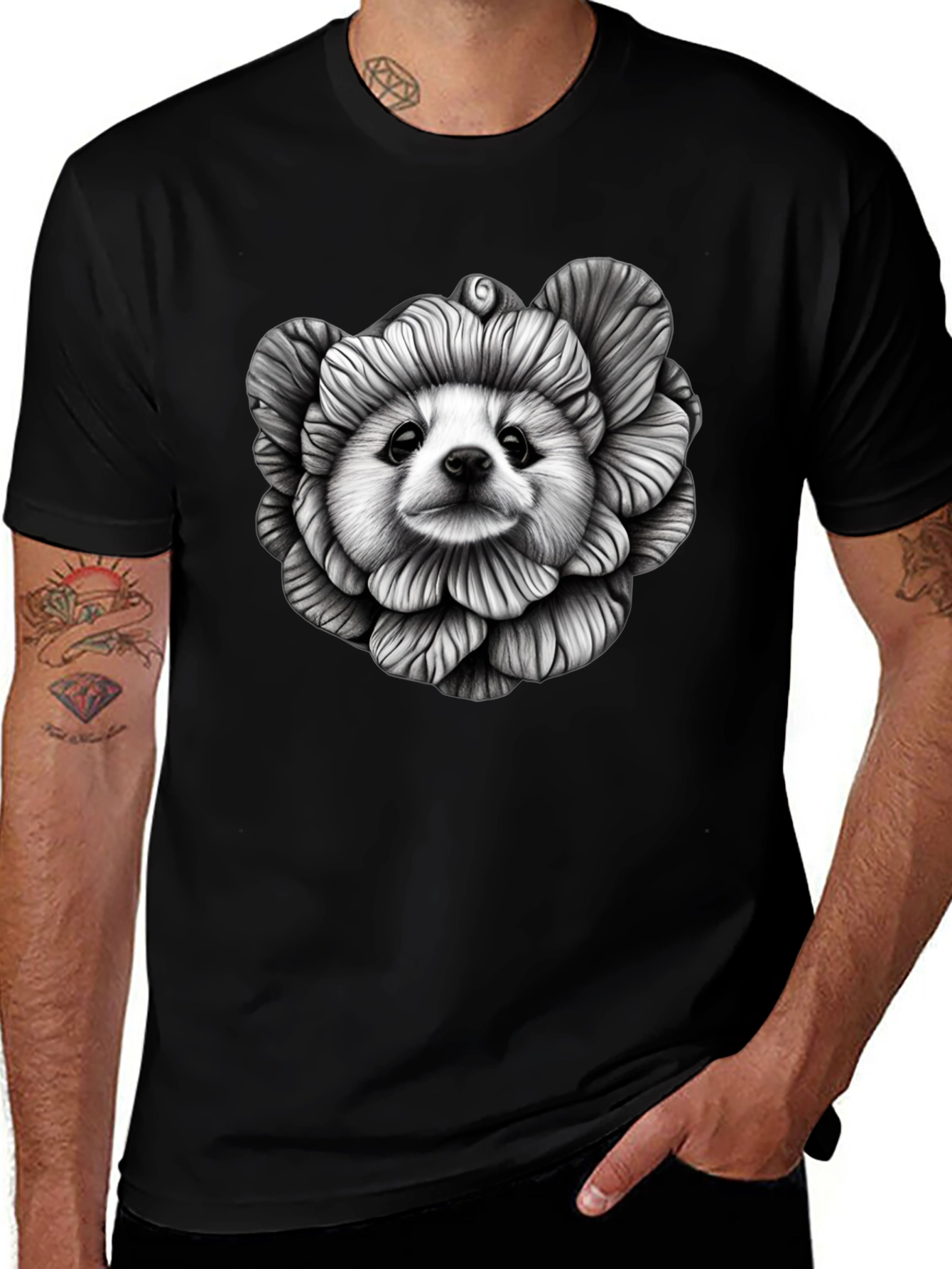 Dog Flower Graphic Tee - Unique Art T-Shirt