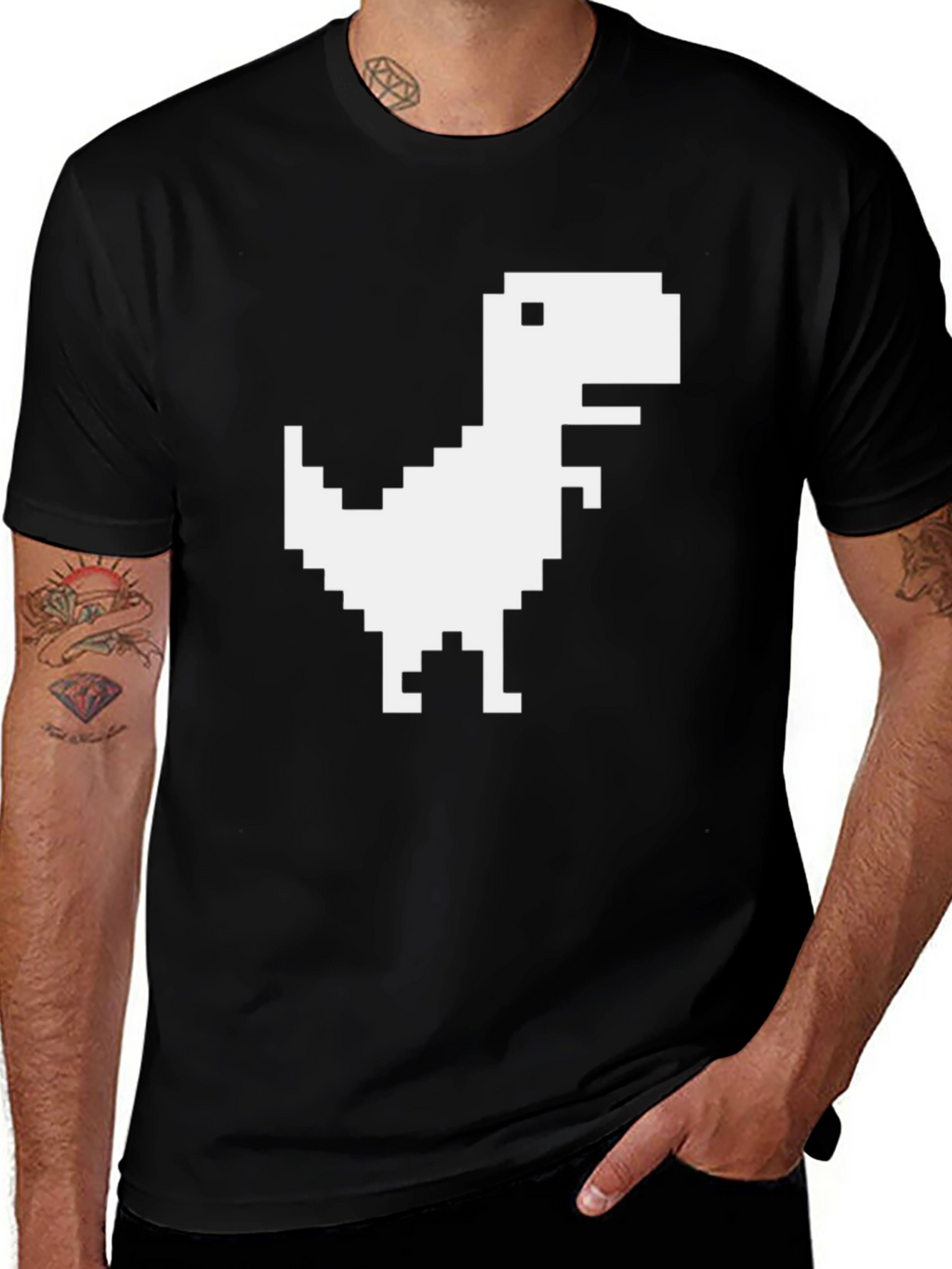 Pixel Dinosaur Graphic Tee - Black Cotton Casual T-Shirt