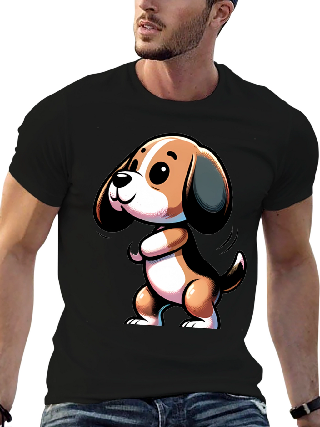 Cute Cartoon Beagle Dog Black T-Shirt