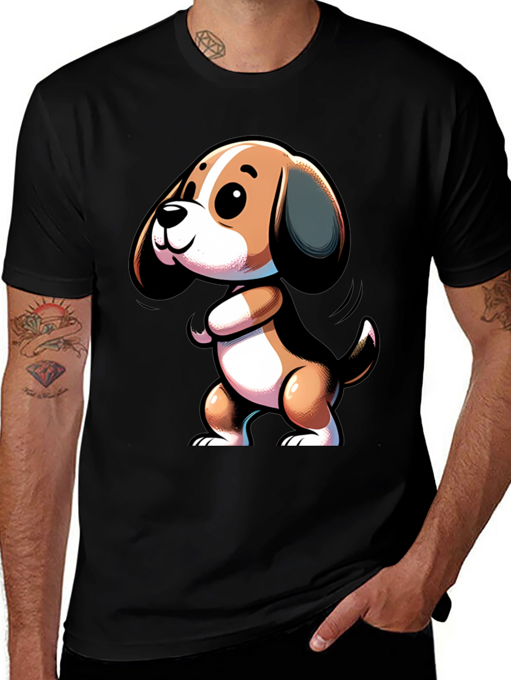 Cute Cartoon Beagle Dog Black T-Shirt