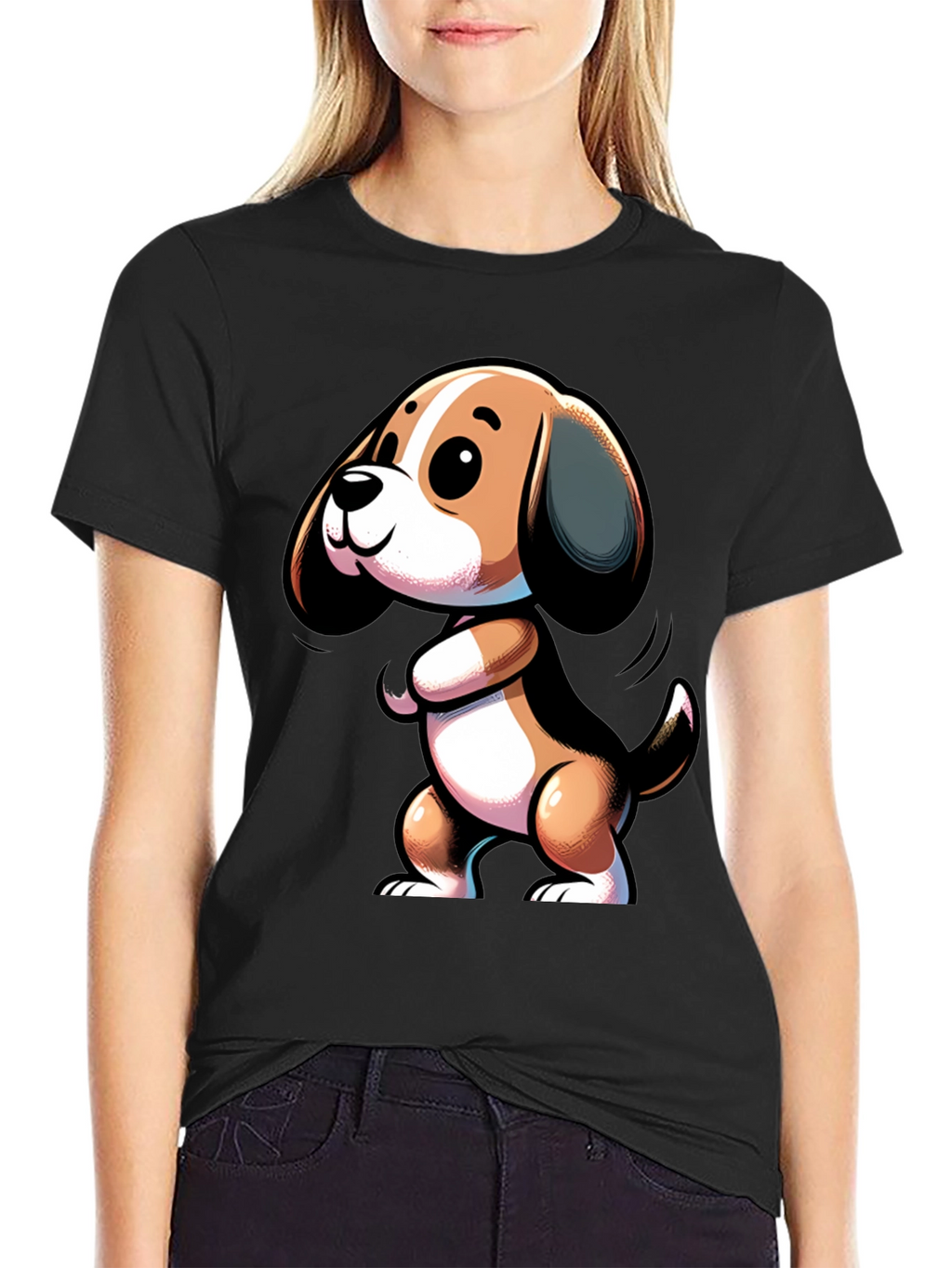 Cute Cartoon Beagle Dog Black T-Shirt