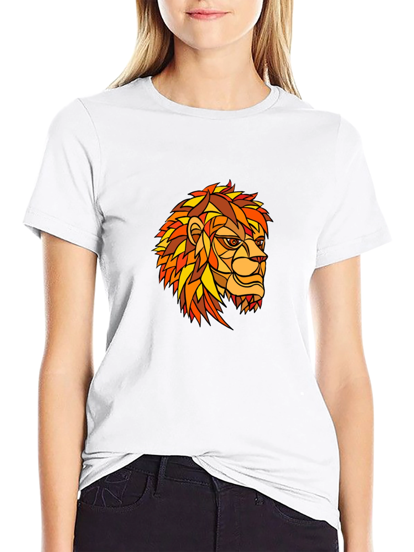 Geometric Lion Graphic Print Black T-Shirt