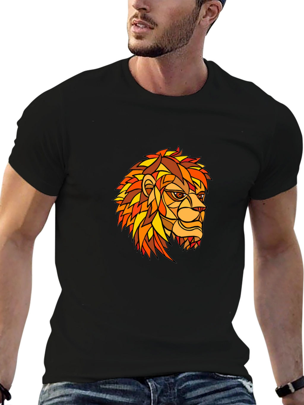 Geometric Lion Graphic Print Black T-Shirt