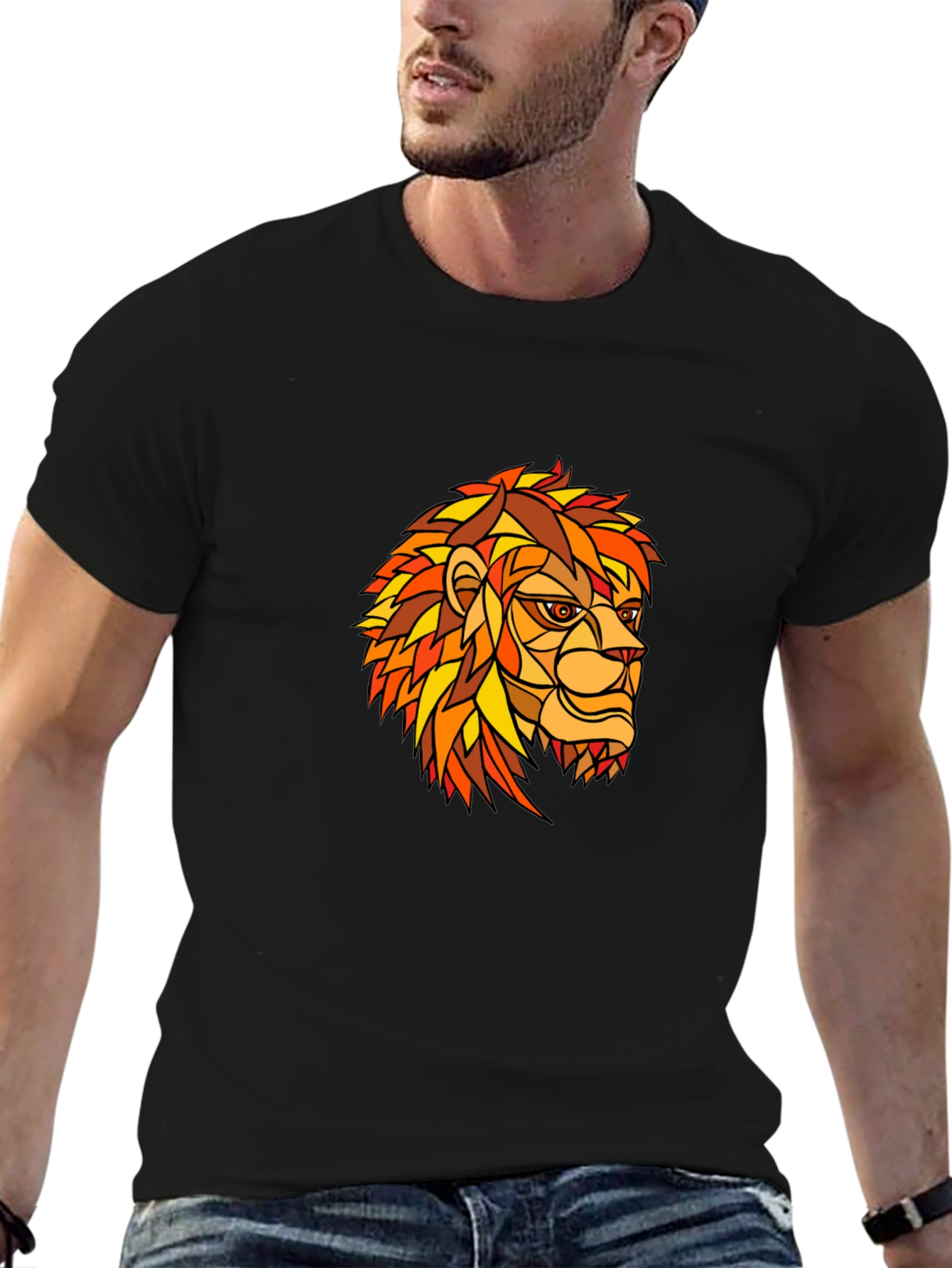 Geometric Lion Graphic Print Black T-Shirt