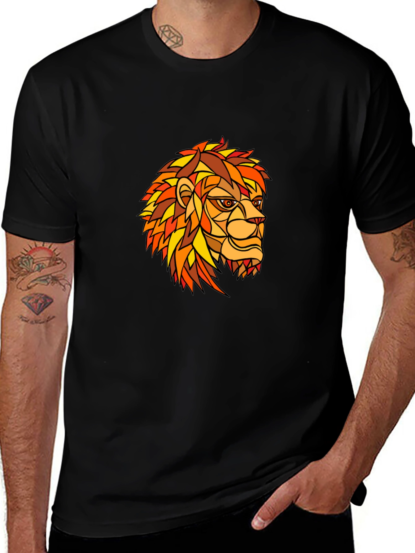 Geometric Lion Graphic Print Black T-Shirt