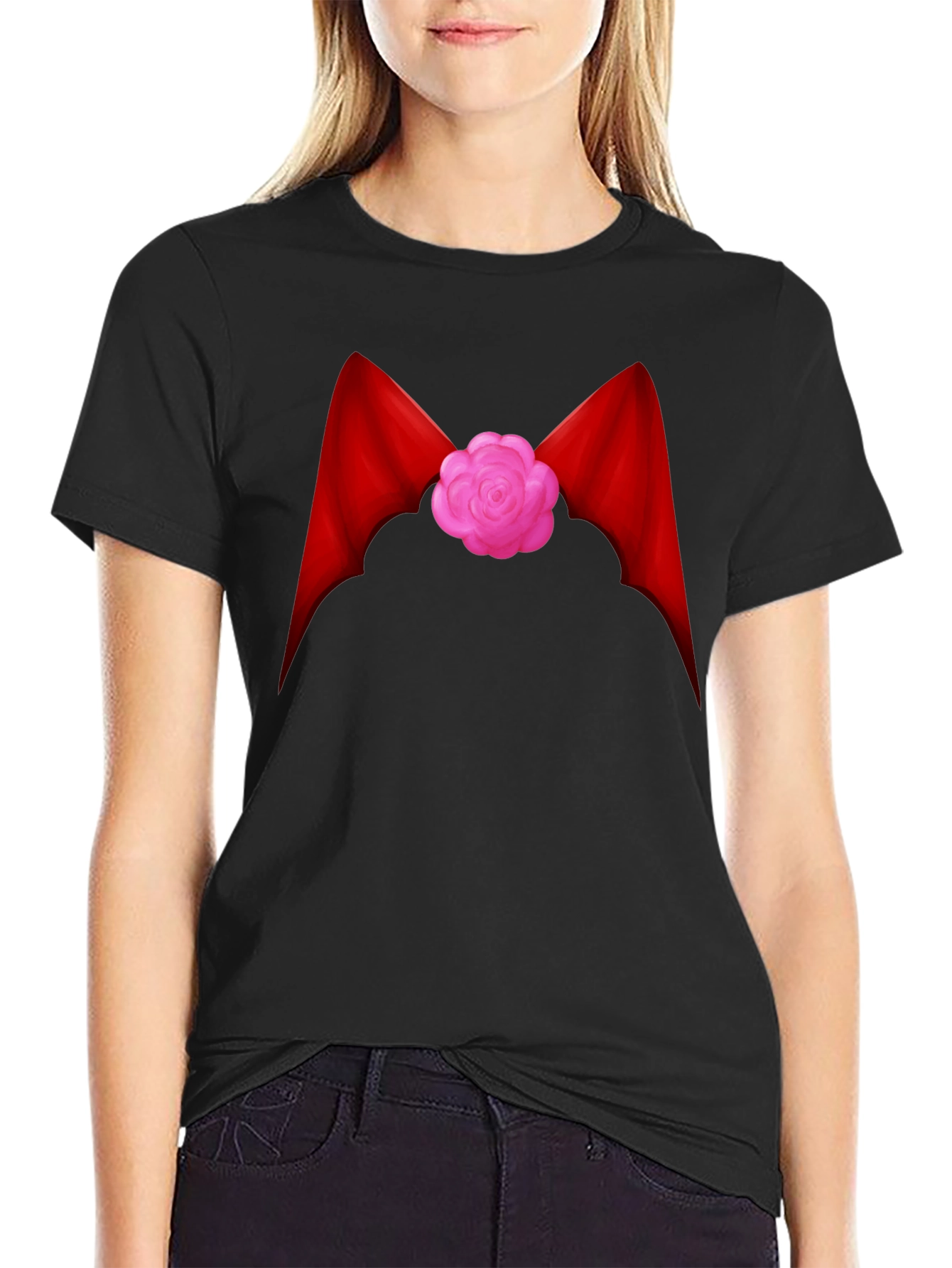 Red Ribbon Flower Graphic Tee - Casual Comfort