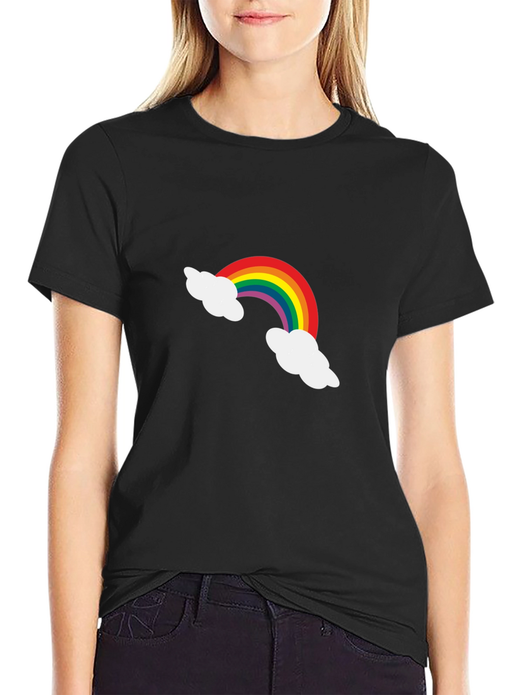 Rainbow Cloud Graphic Tee - Black Cotton Casual Shirt