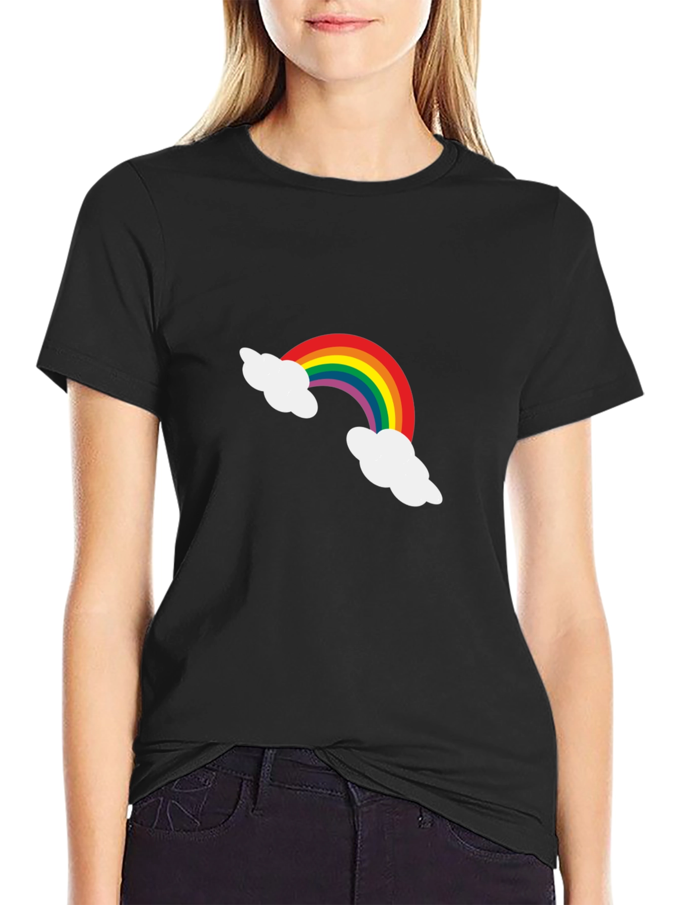 Rainbow Cloud Graphic Tee - Black Cotton Casual Shirt