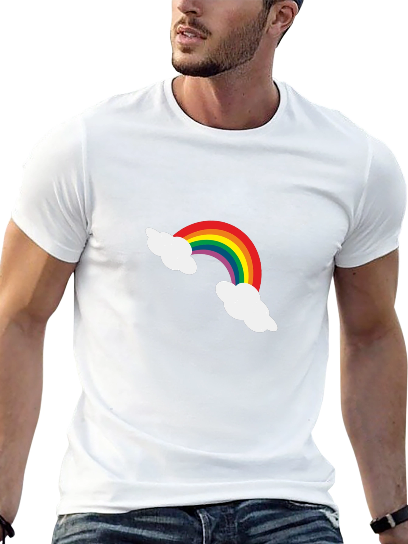 Rainbow Cloud Graphic Tee - Black Cotton Casual Shirt