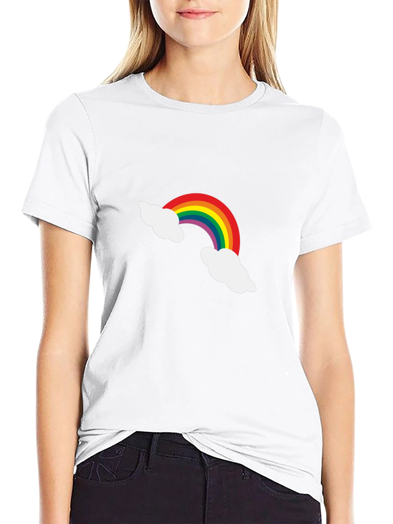 Rainbow Cloud Graphic Tee - Black Cotton Casual Shirt