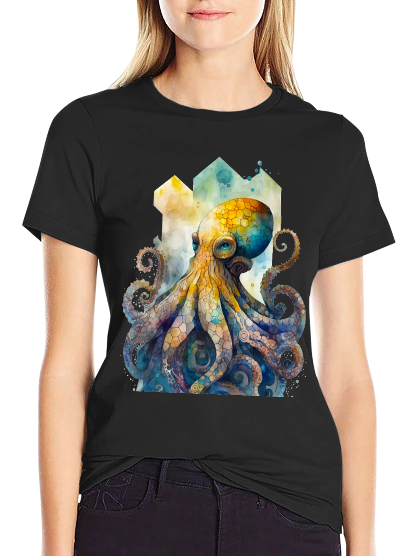 Watercolor Octopus Graphic Tee - Black