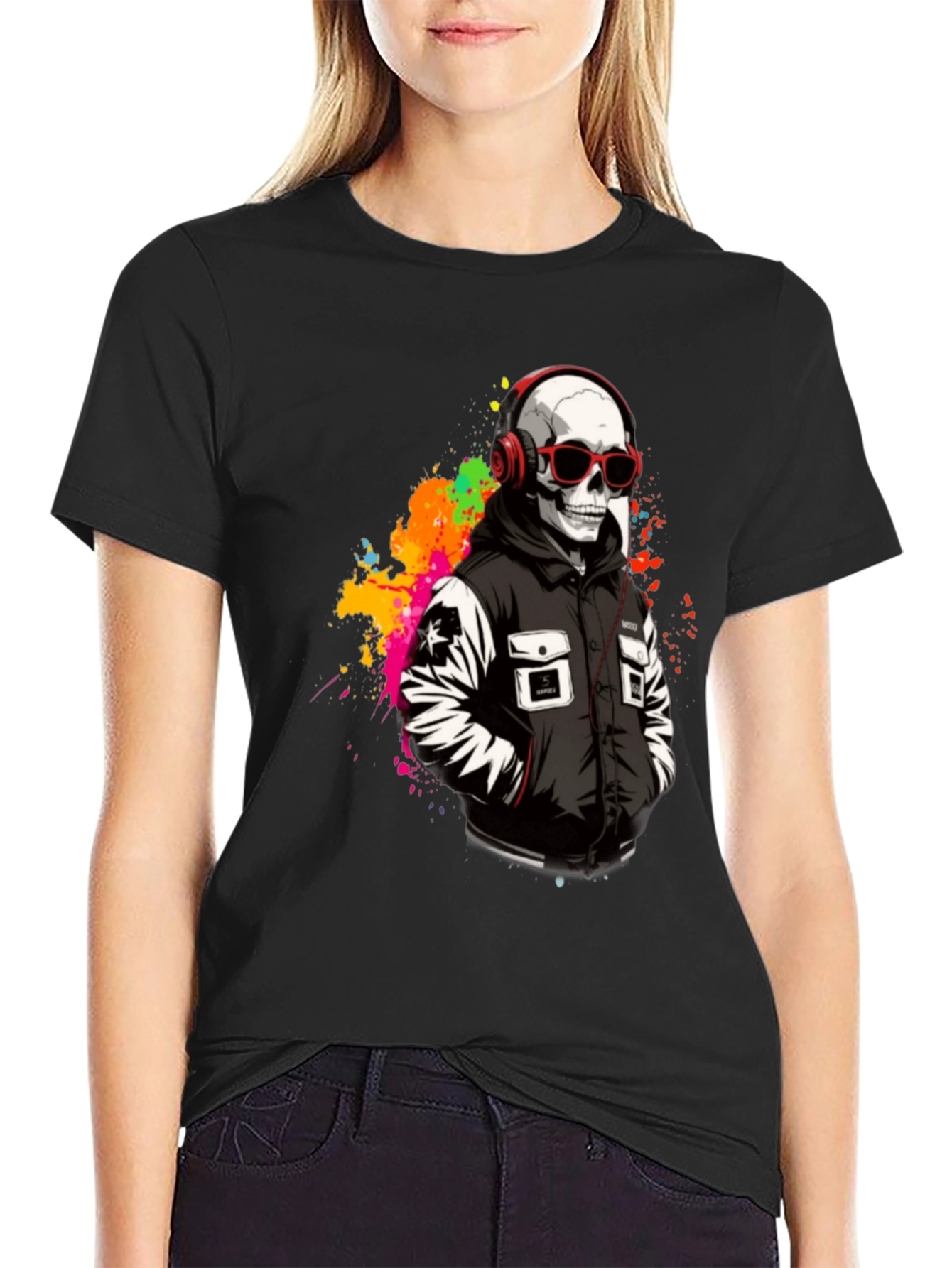 Skull in Headphones Graphic T-Shirt