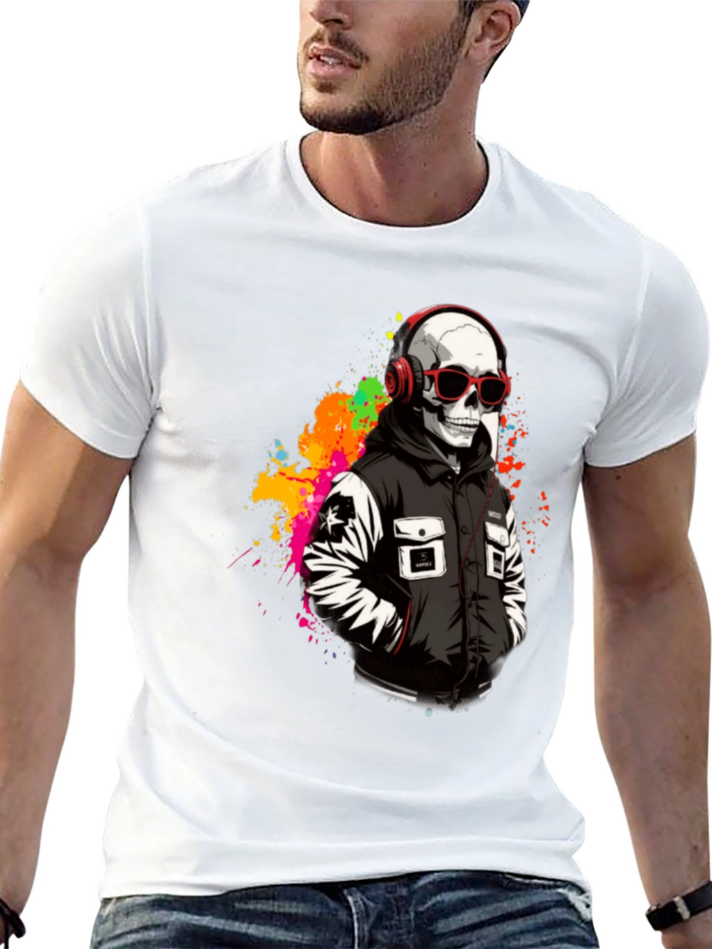 Skull in Headphones Graphic T-Shirt