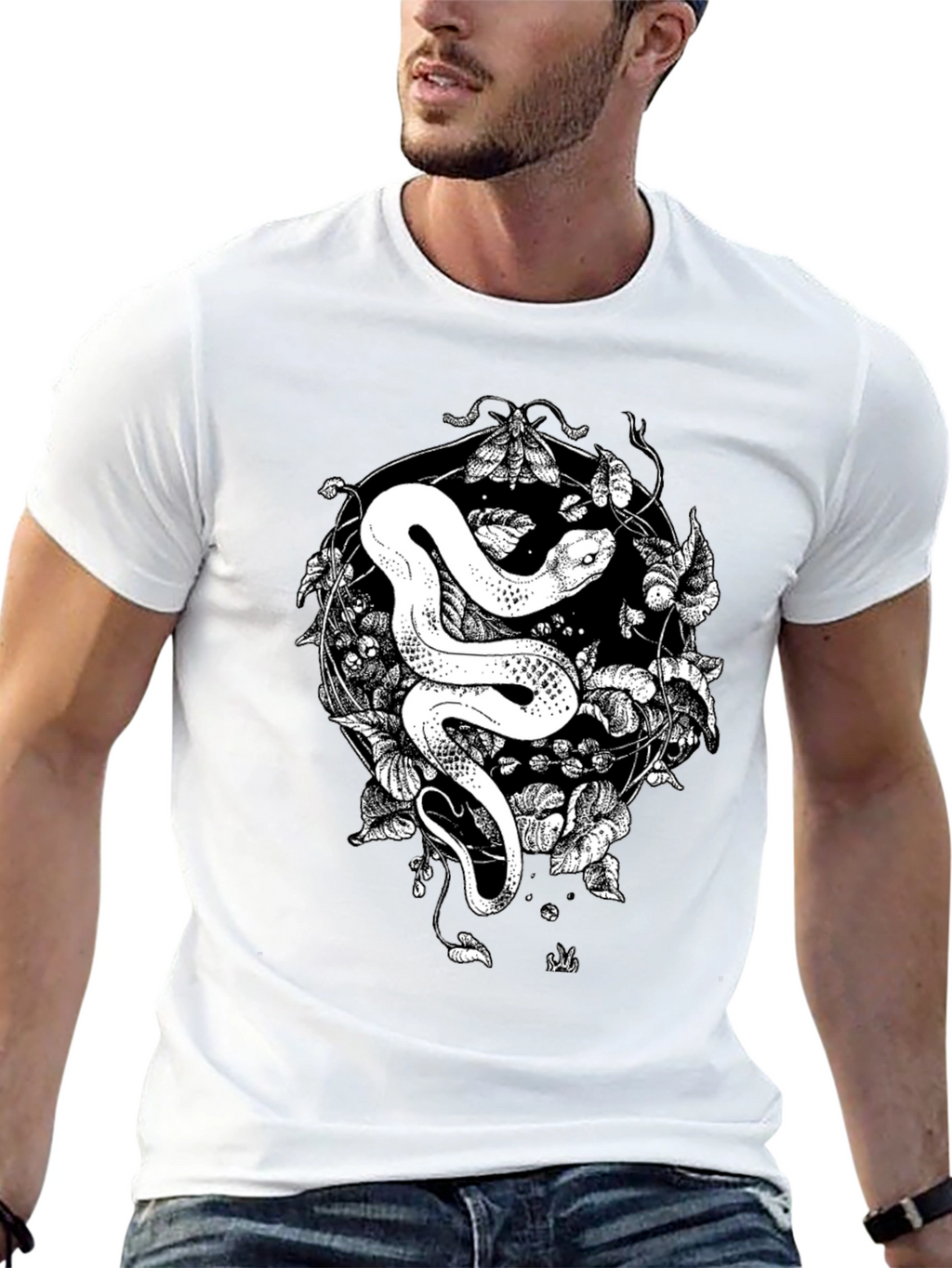 Snake & Moth Graphic Tee - Stylish Black T-Shirt