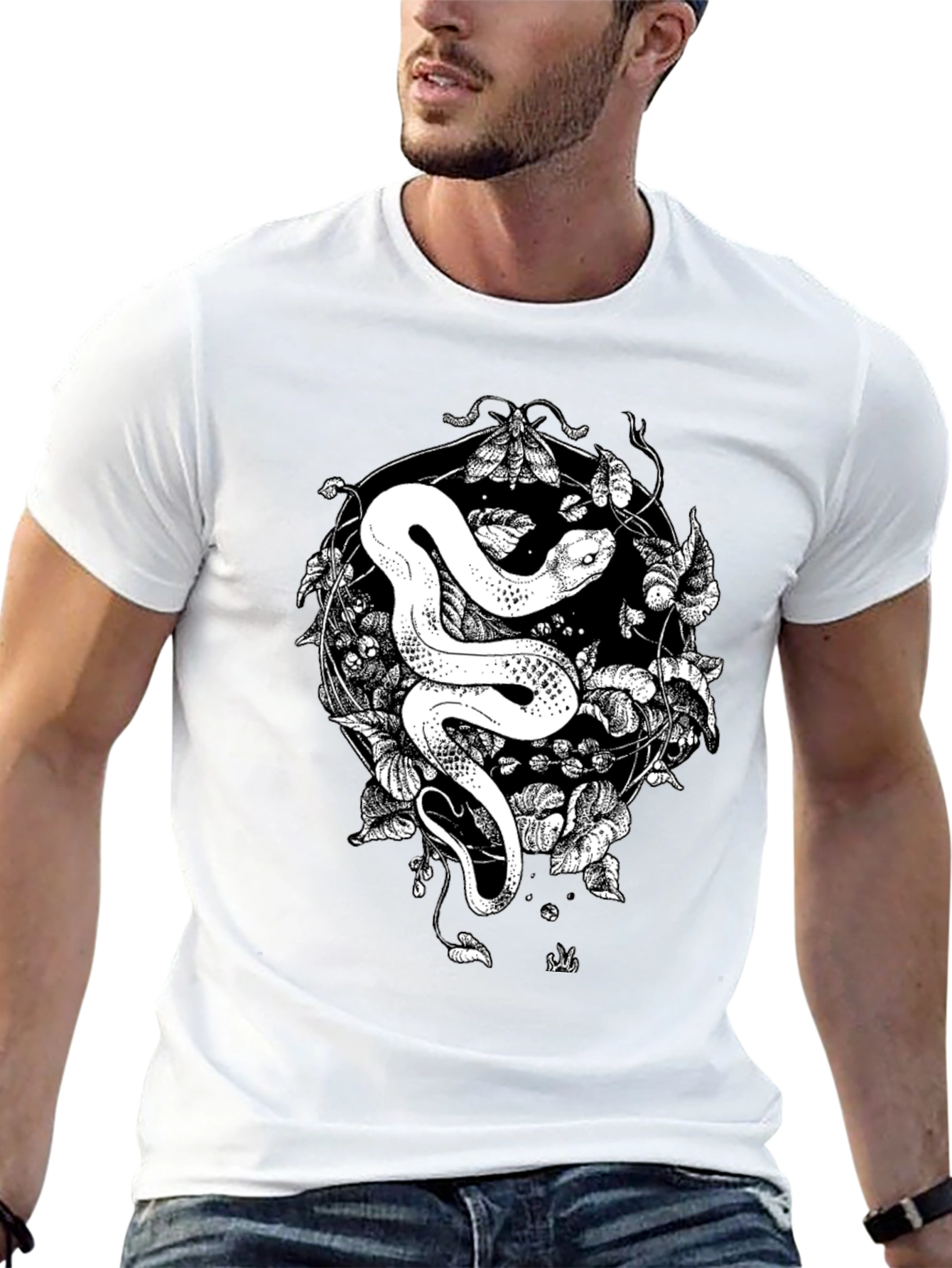Snake & Moth Graphic Tee - Stylish Black T-Shirt