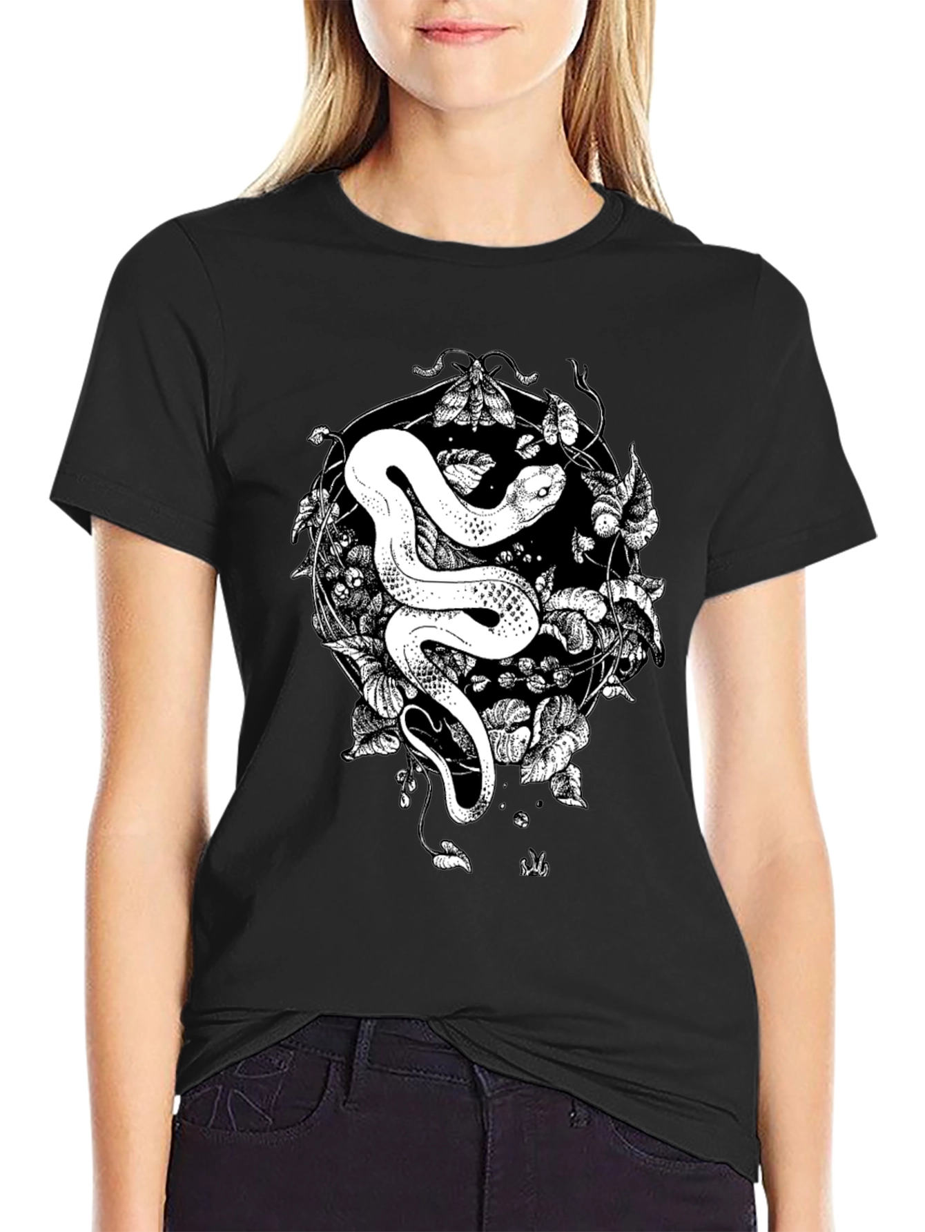 Snake & Moth Graphic Tee - Stylish Black T-Shirt
