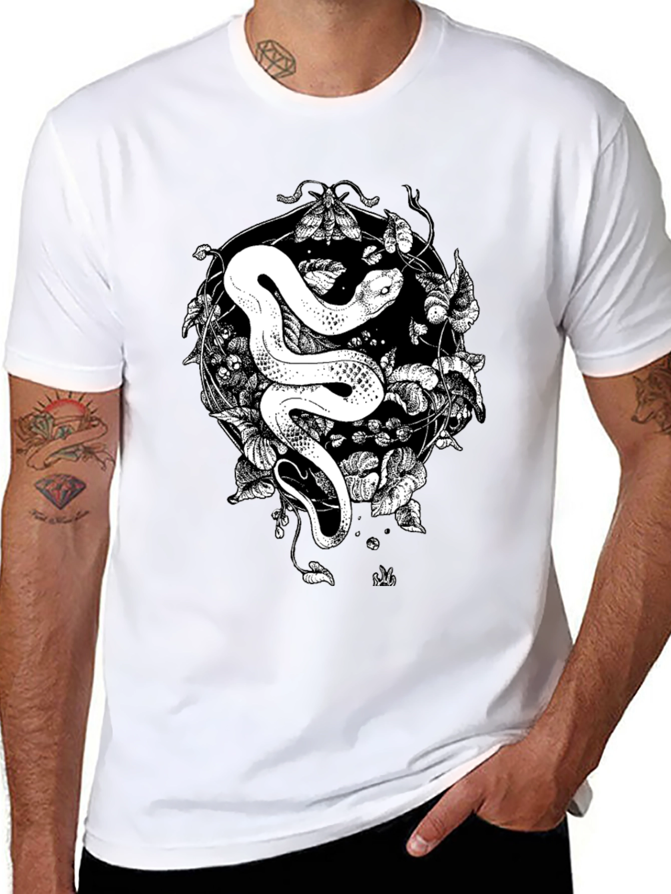 Snake & Moth Graphic Tee - Stylish Black T-Shirt