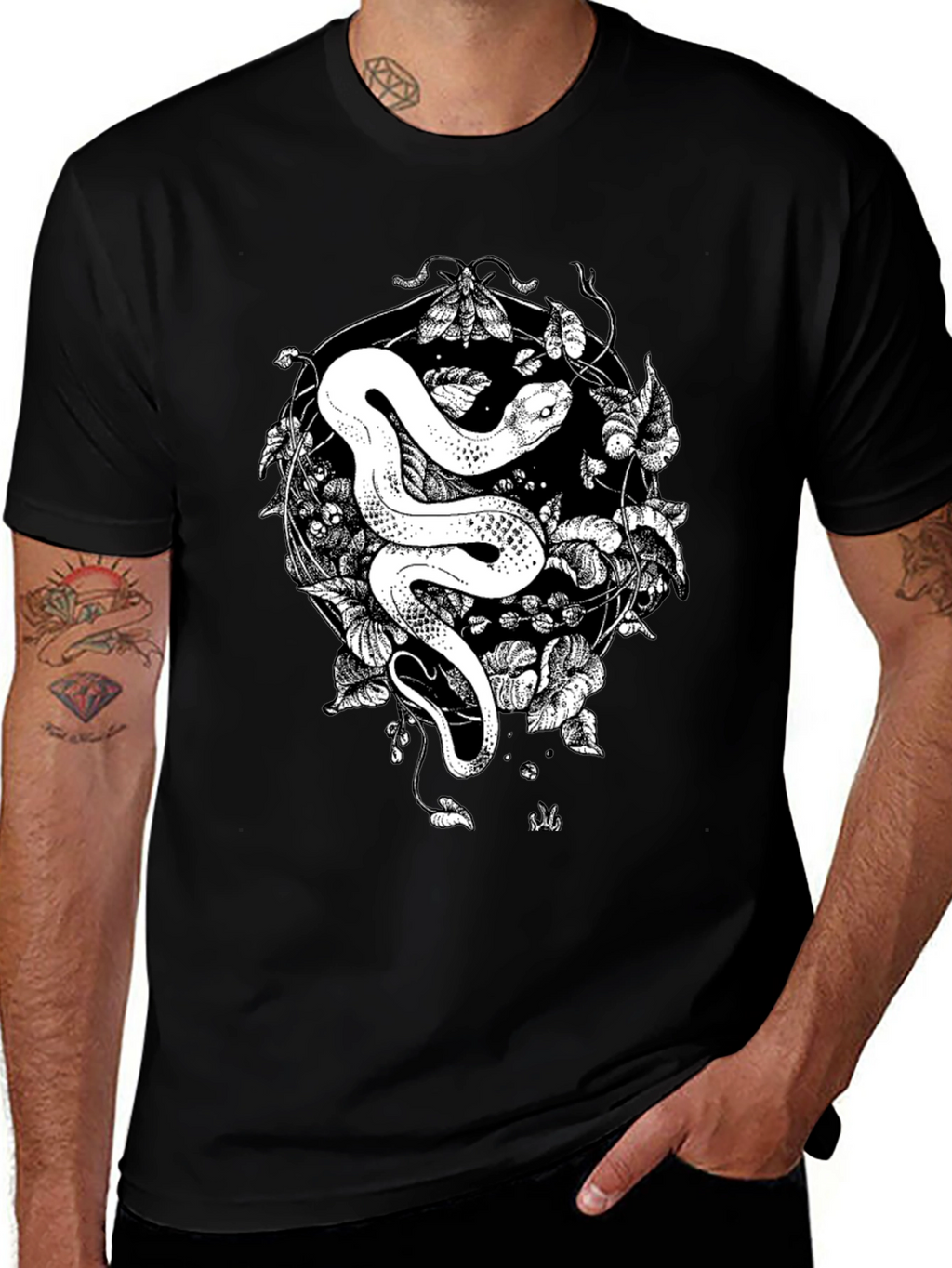 Snake & Moth Graphic Tee - Stylish Black T-Shirt