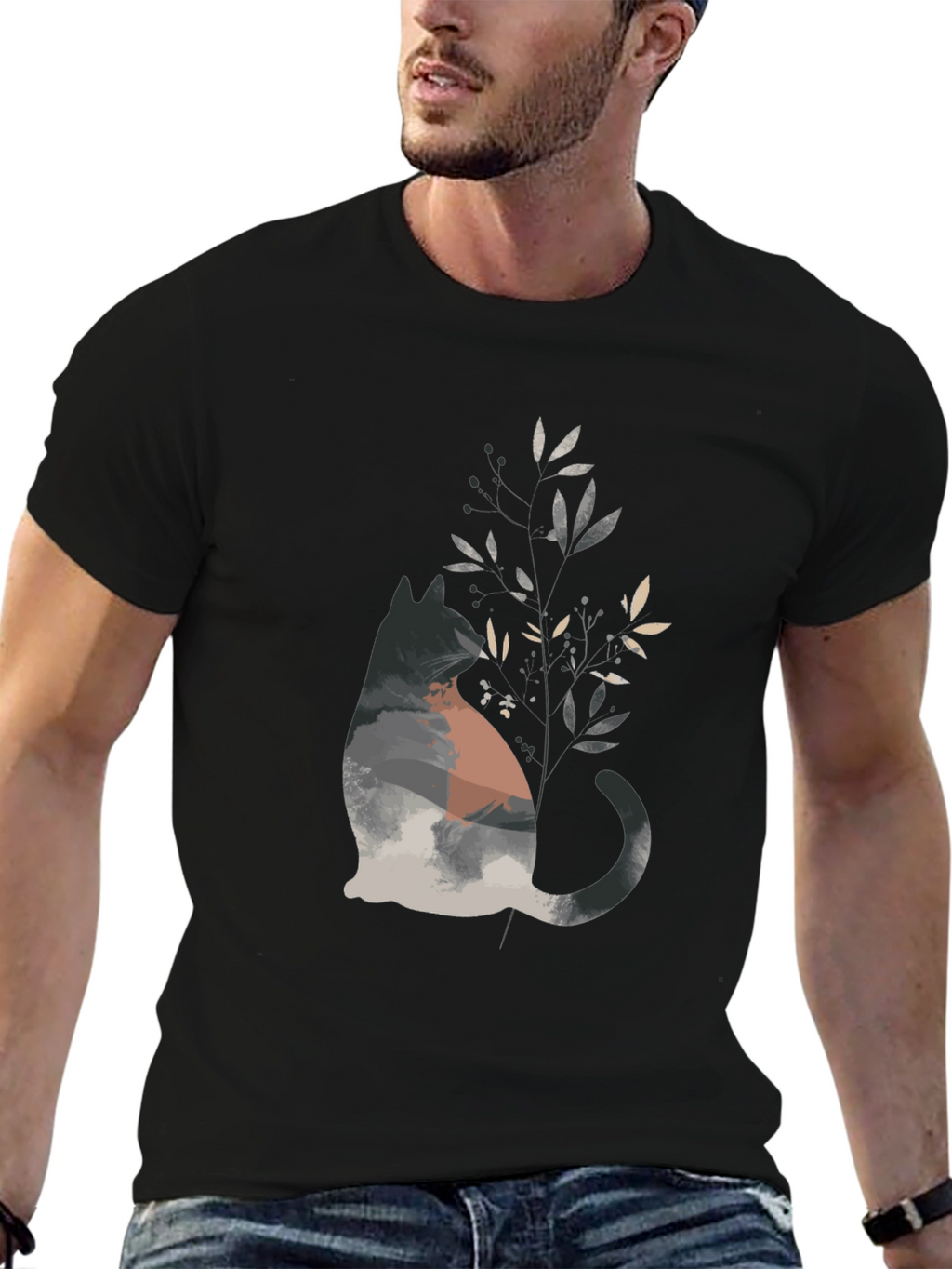 Nature Cat Graphic Tee - Stylish Mens Black T-Shirt