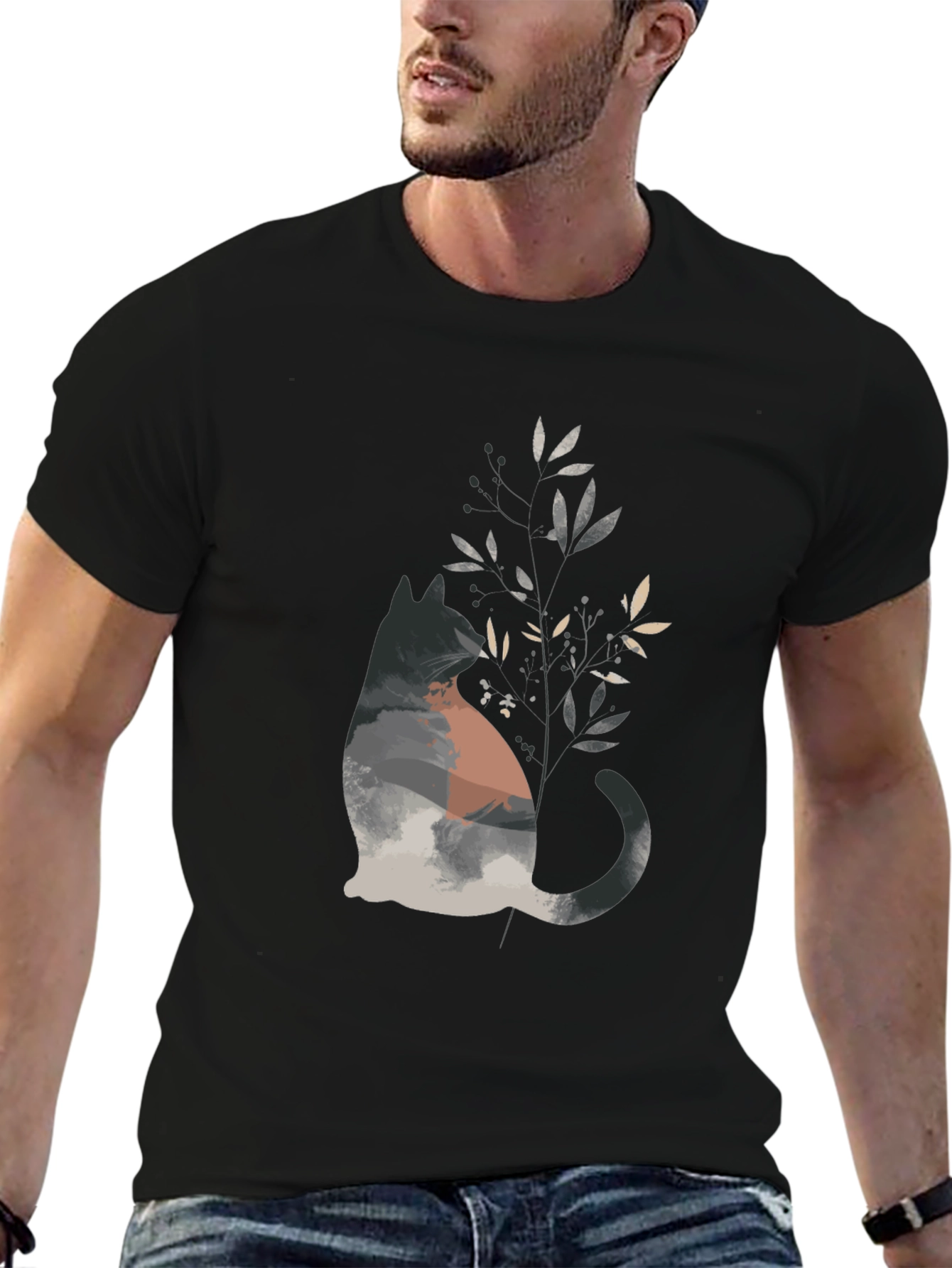 Nature Cat Graphic Tee - Stylish Mens Black T-Shirt