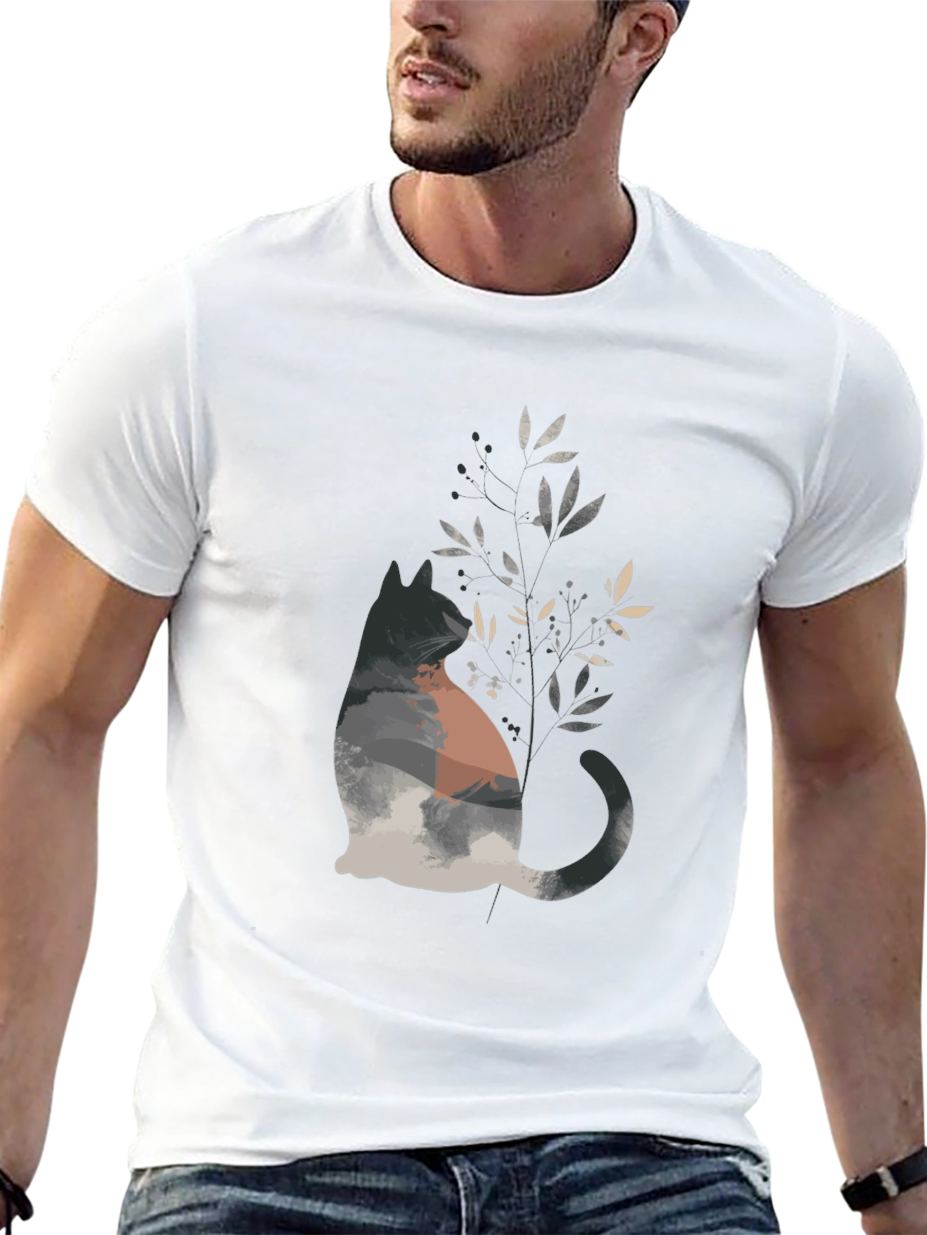 Nature Cat Graphic Tee - Stylish Mens Black T-Shirt