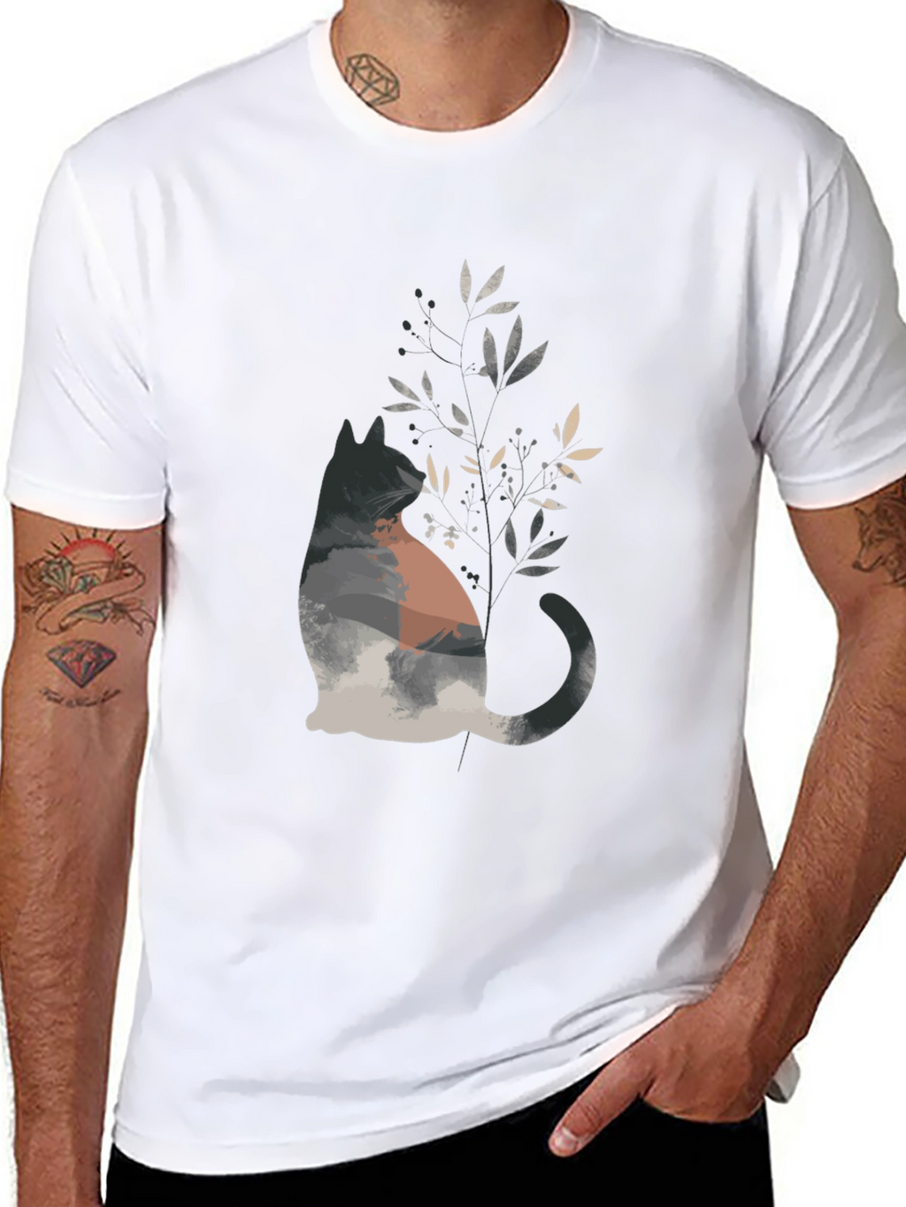 Nature Cat Graphic Tee - Stylish Mens Black T-Shirt