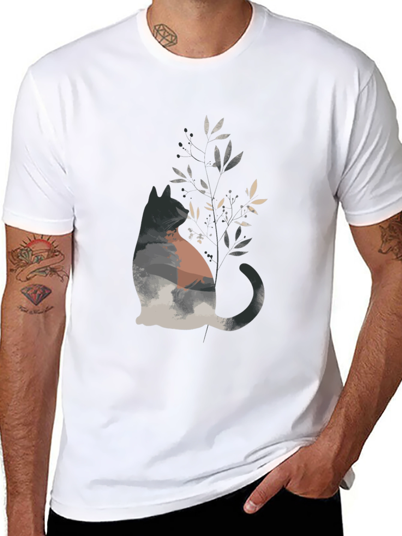 Nature Cat Graphic Tee - Stylish Mens Black T-Shirt