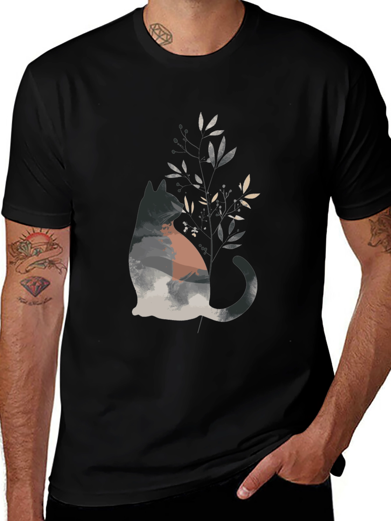 Nature Cat Graphic Tee - Stylish Mens Black T-Shirt