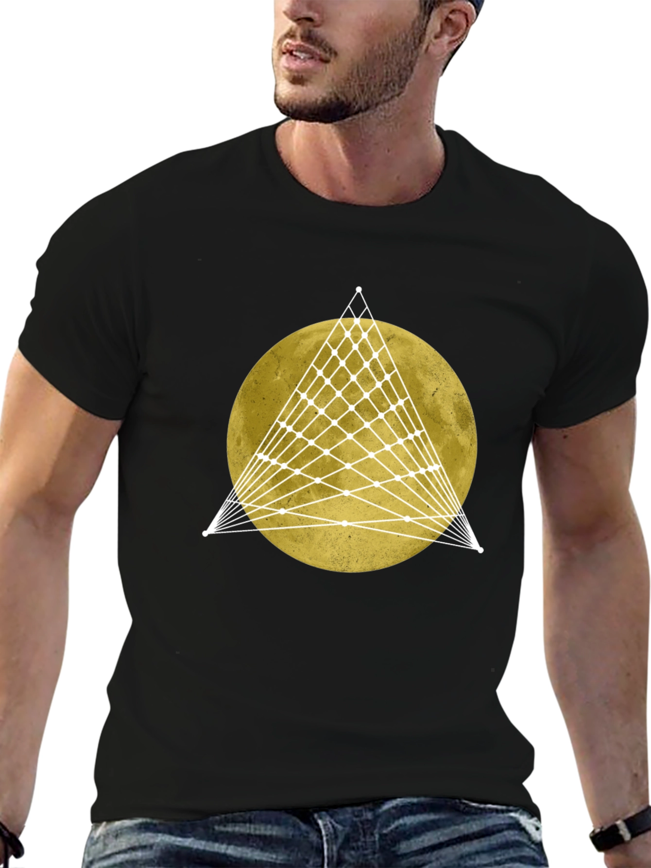 Geometric Moon Graphic Tee - Stylish Mens Black T-Shirt