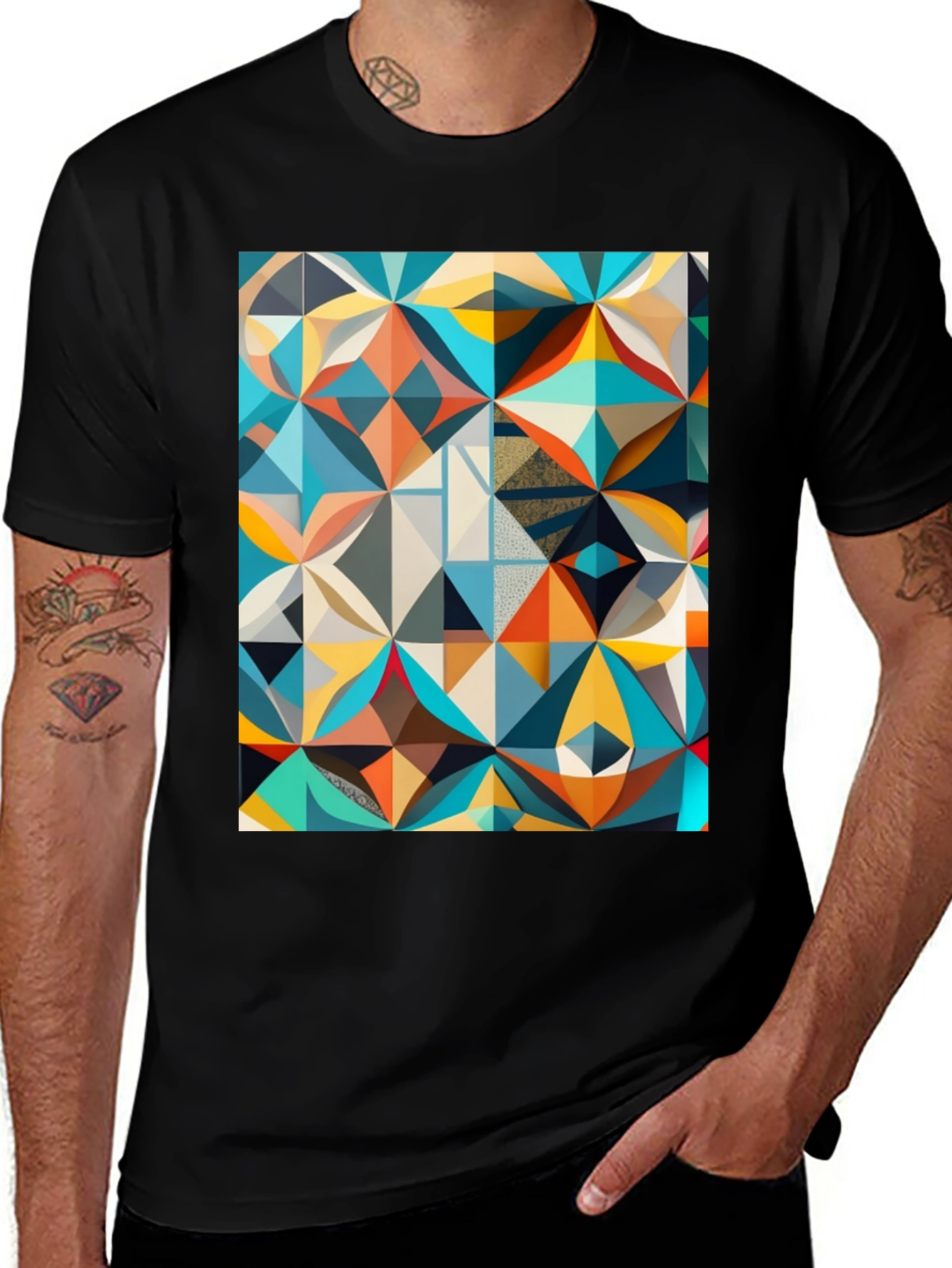 Geometric Mosaic Print Black T-Shirt