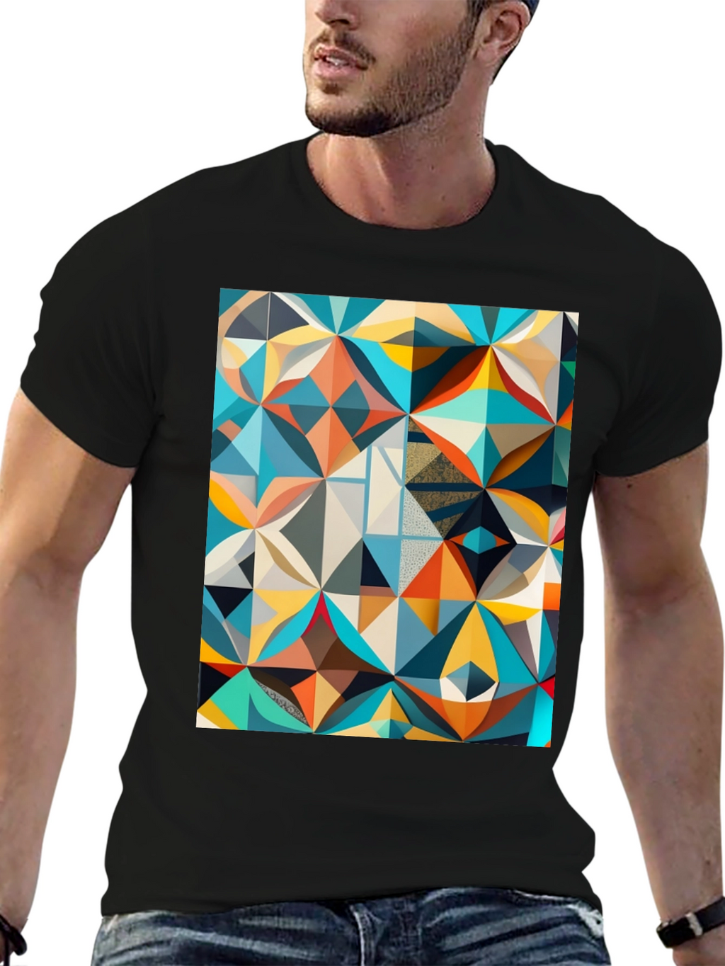 Geometric Mosaic Print Black T-Shirt
