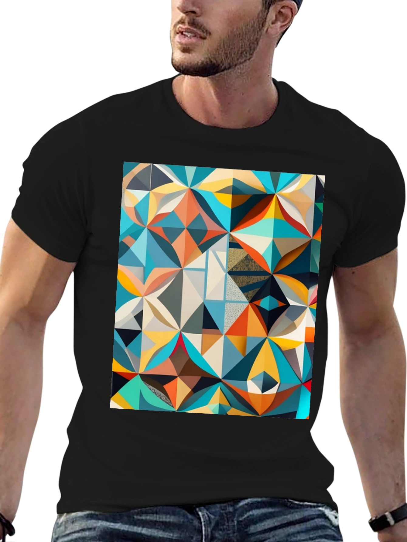 Geometric Mosaic Print Black T-Shirt
